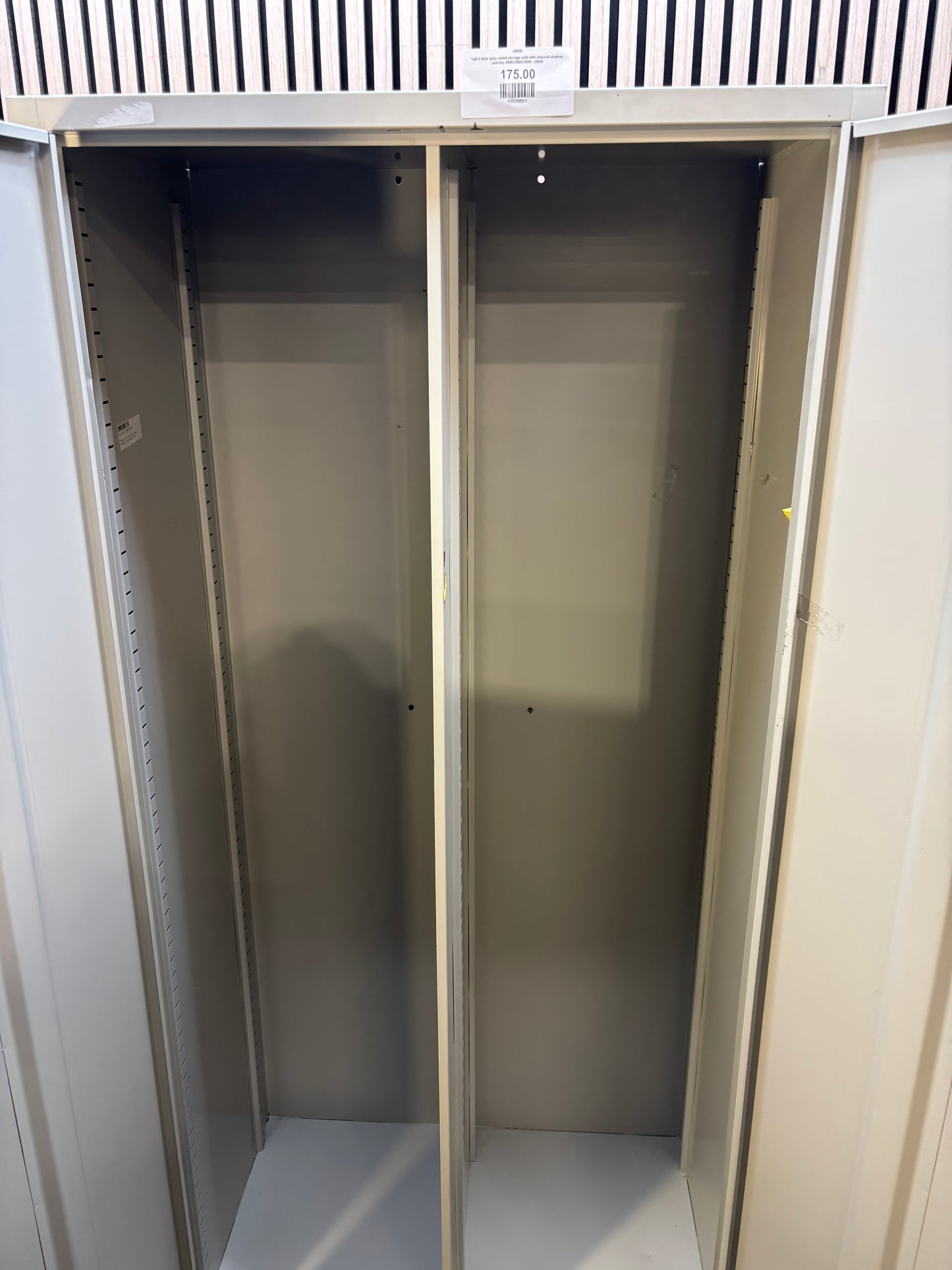 Tall 2 door grey metal storage unit with internal shelves and key 80Wx50Dx180H  J3938
