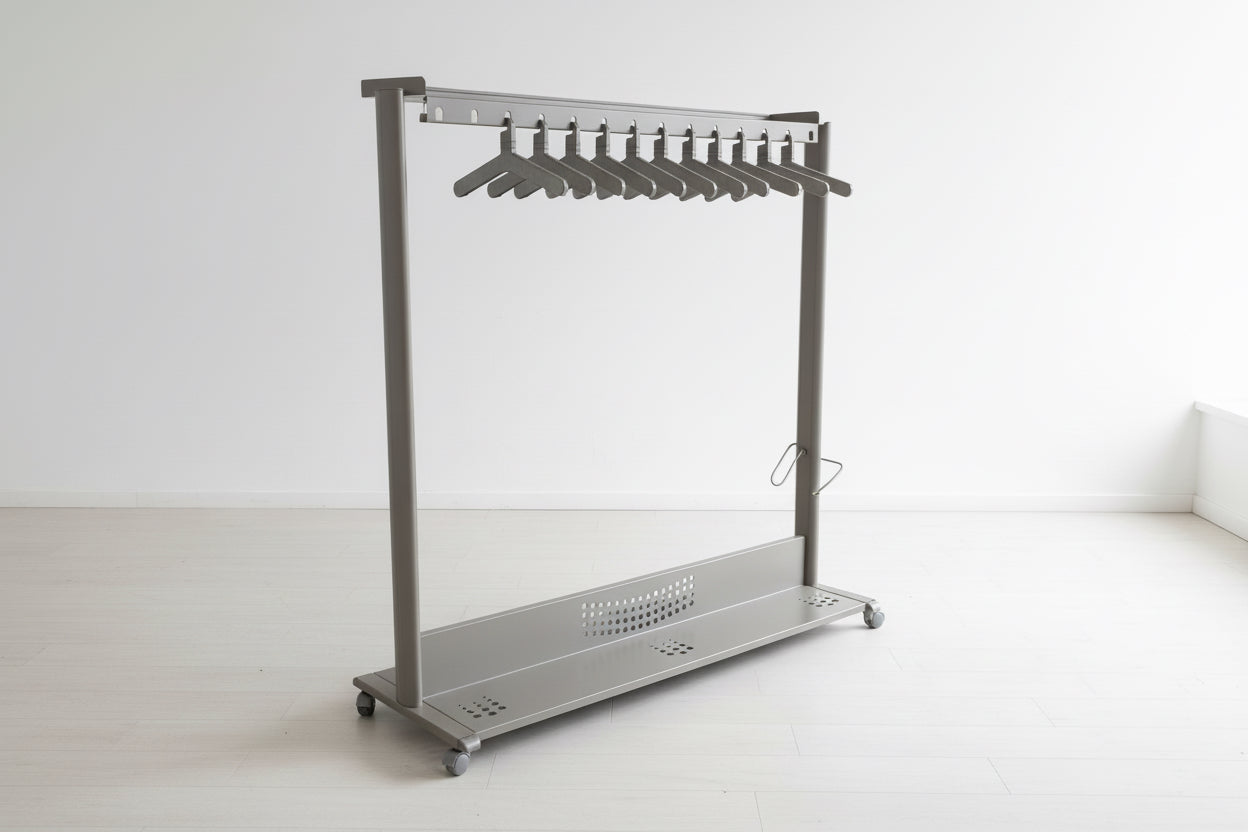 Large metal framed clothes rail on castors with base shelf