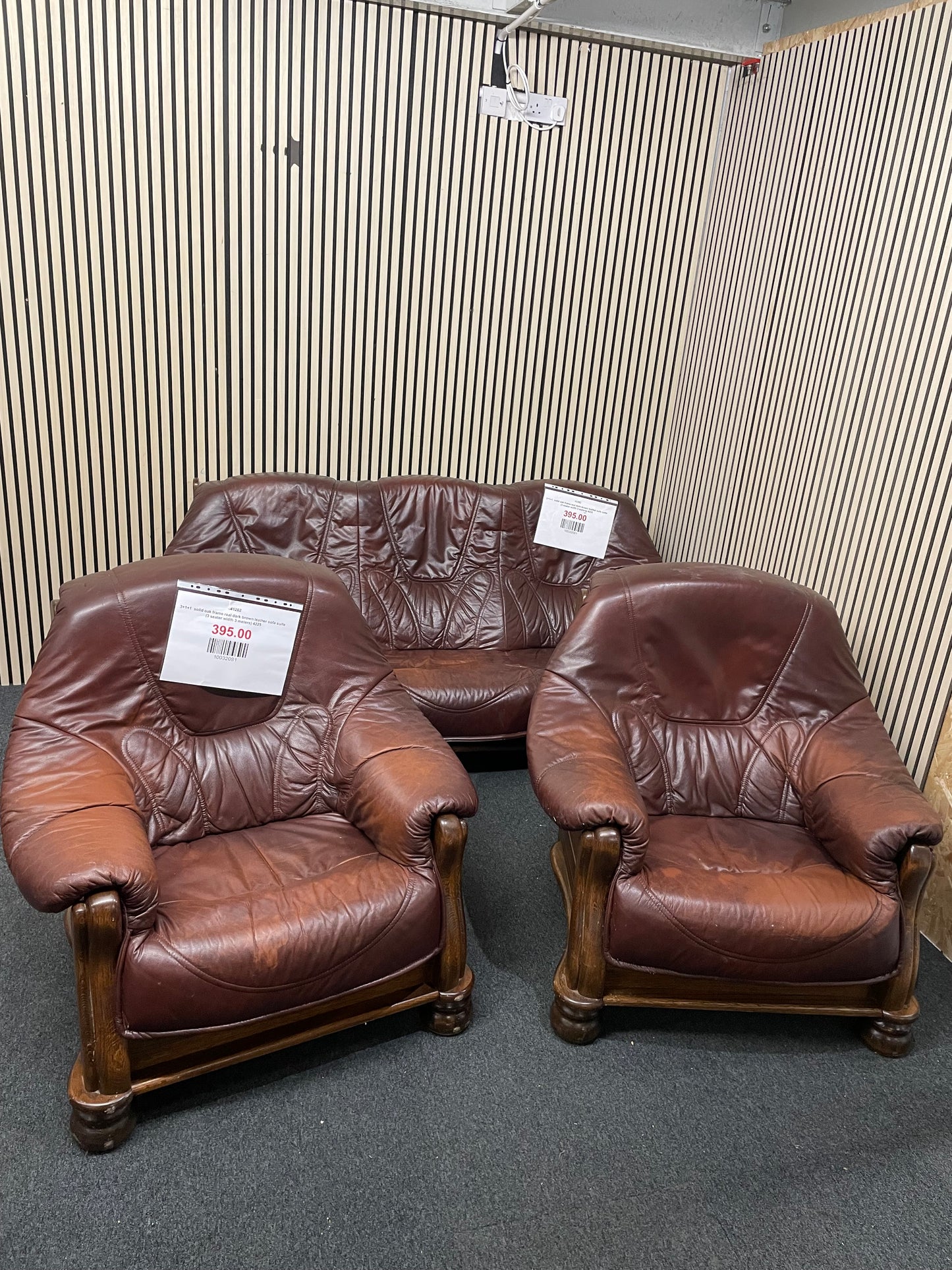 3+1+1  solid oak frame real dark brown leather sofa suite (3 seater width 3 meters) 4225