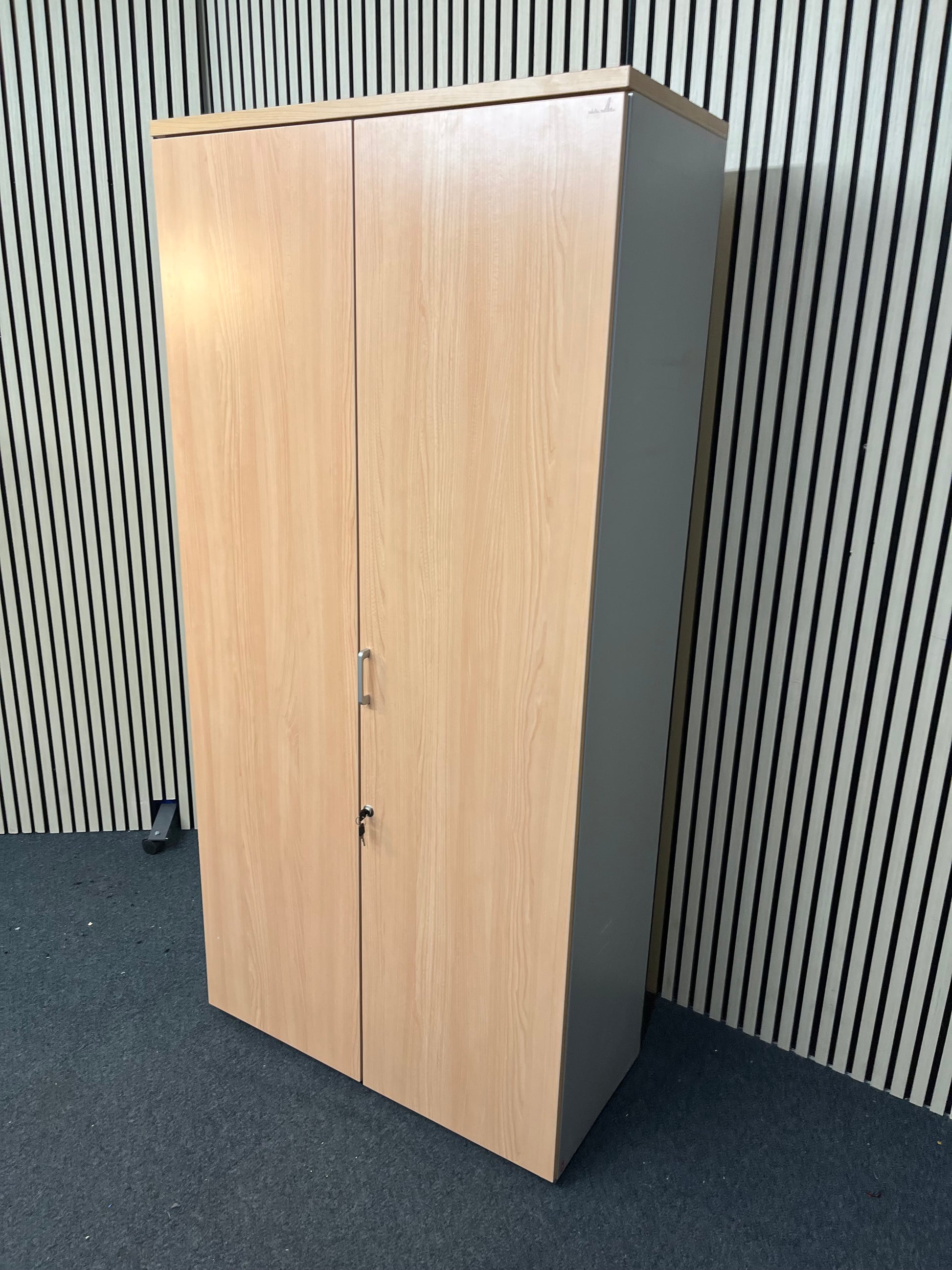 Actiu Tall beech laminate 2 door storage unit, grey carcass with shelves 186Hx42Dx89W