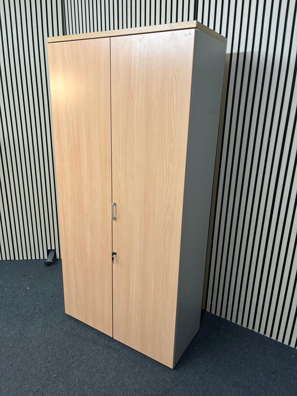 Actiu Tall beech laminate 2 door storage unit, grey carcass with shelves 186Hx42Dx89W