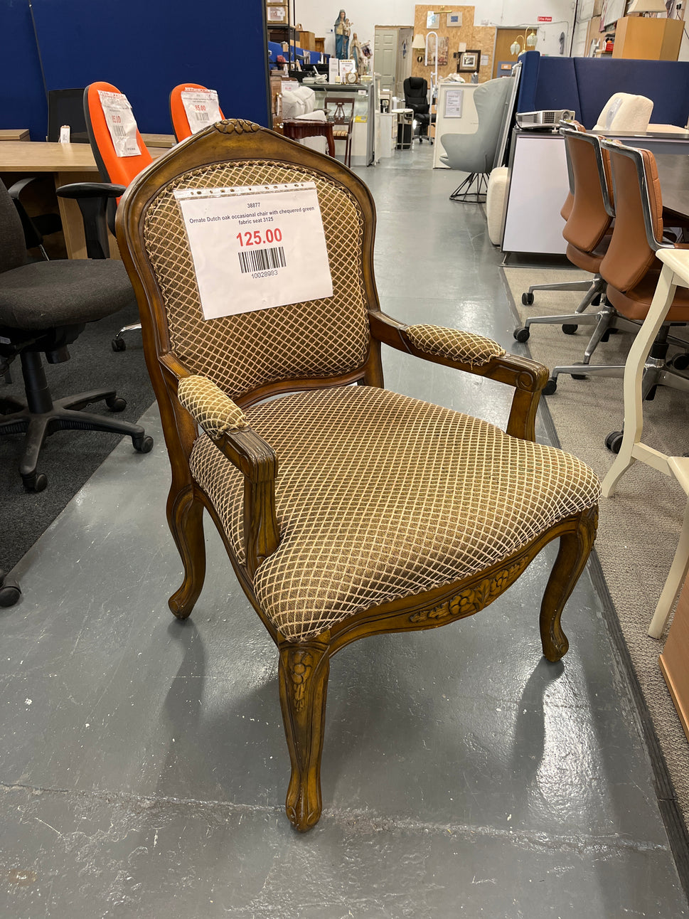 Ornate Dutch oak occasional chair with chequered green fabric seat 3125