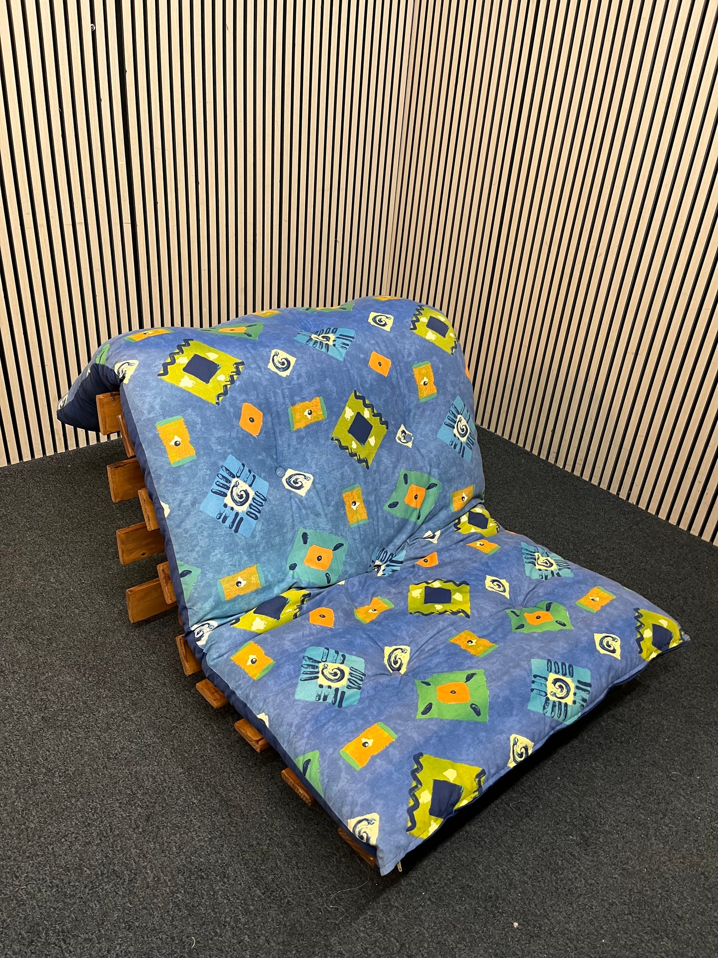blue fabric futon with pine frame  43471