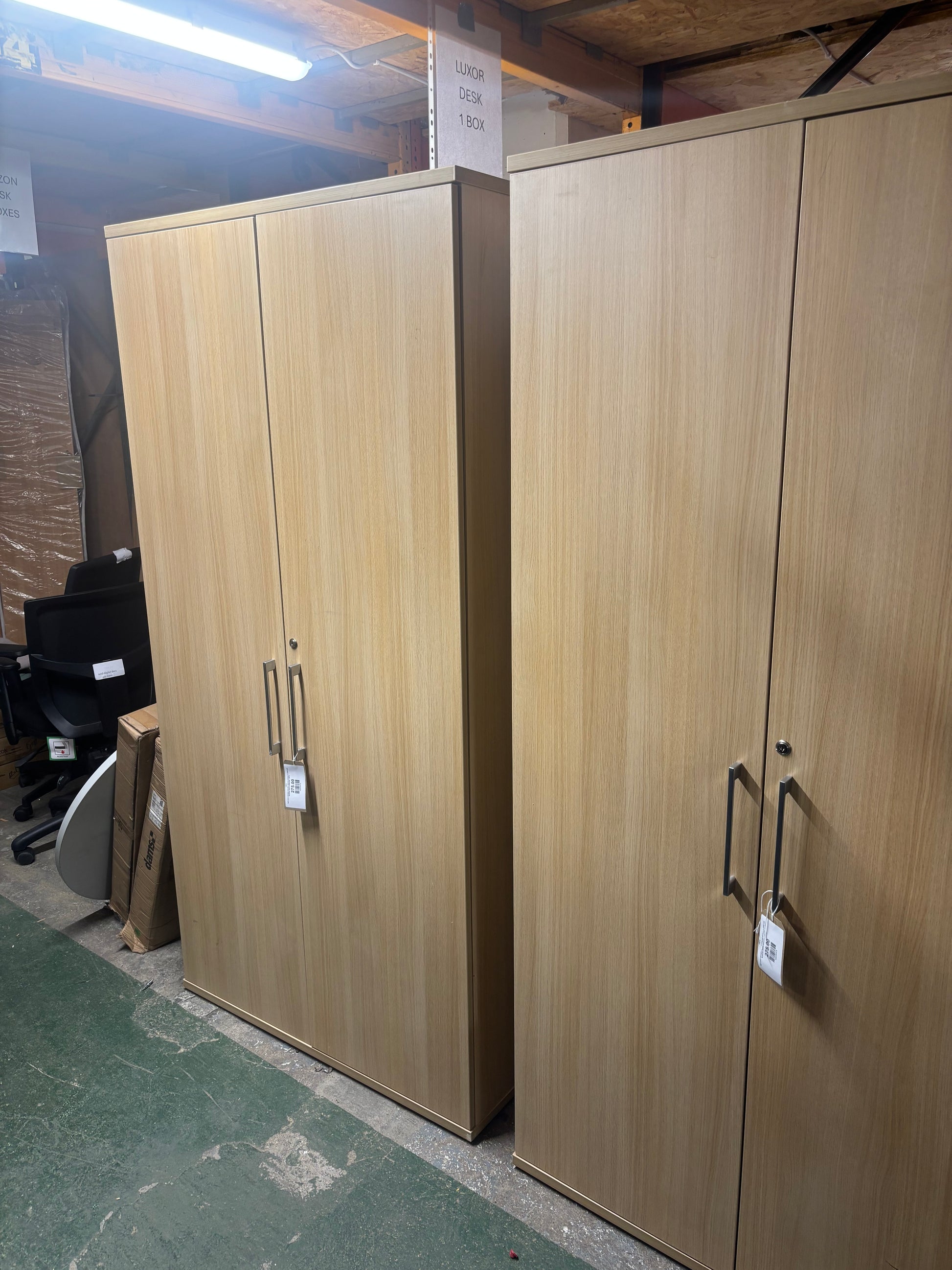 Tall 2 door storage unit with internal shelves in white oak laminate 200Hx100Wx50D  J3914