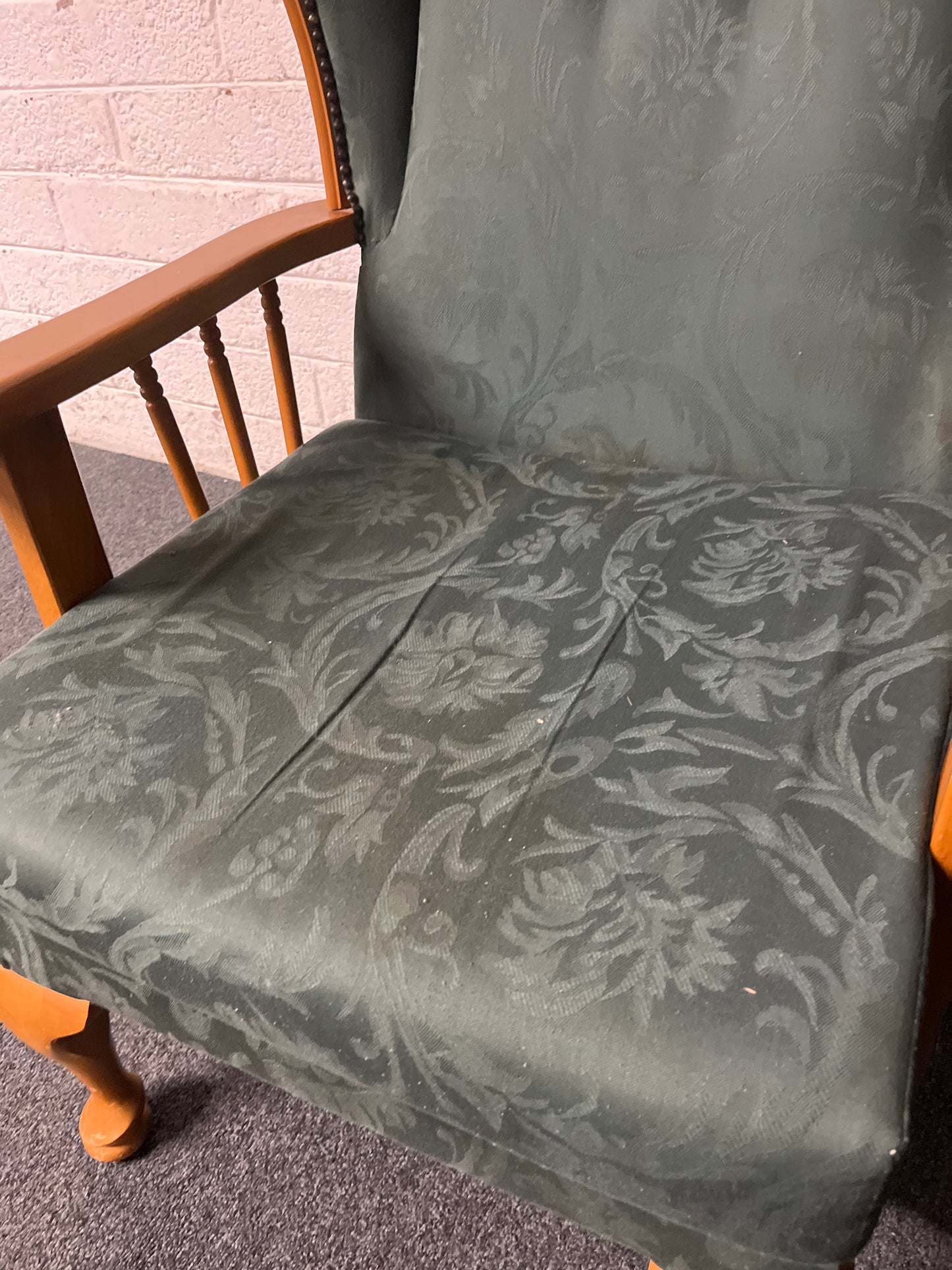 Solid hardwood fireside armchair, green fabric 2225