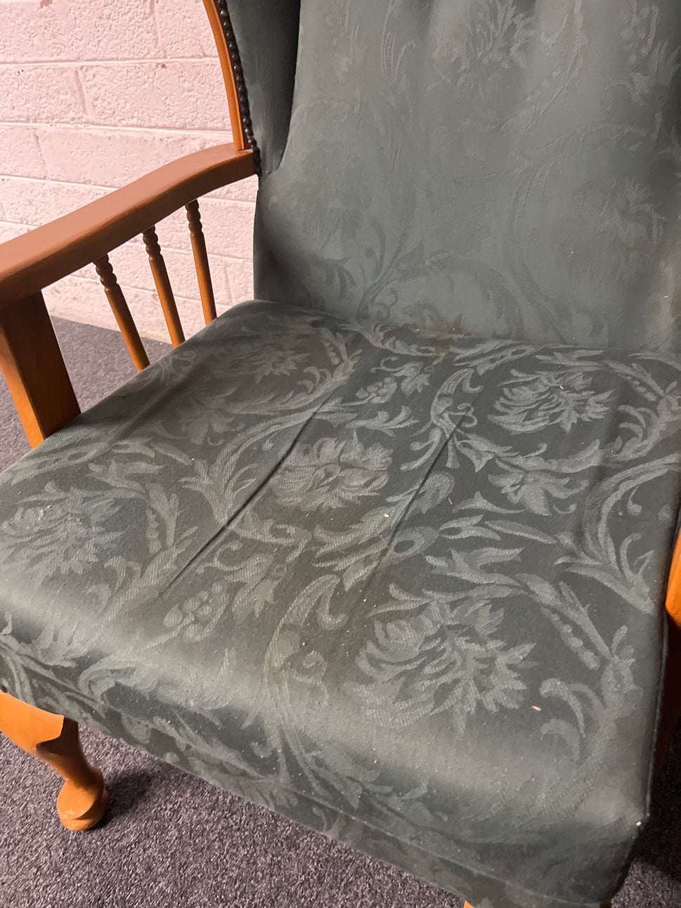 Solid hardwood fireside armchair, green fabric 2225