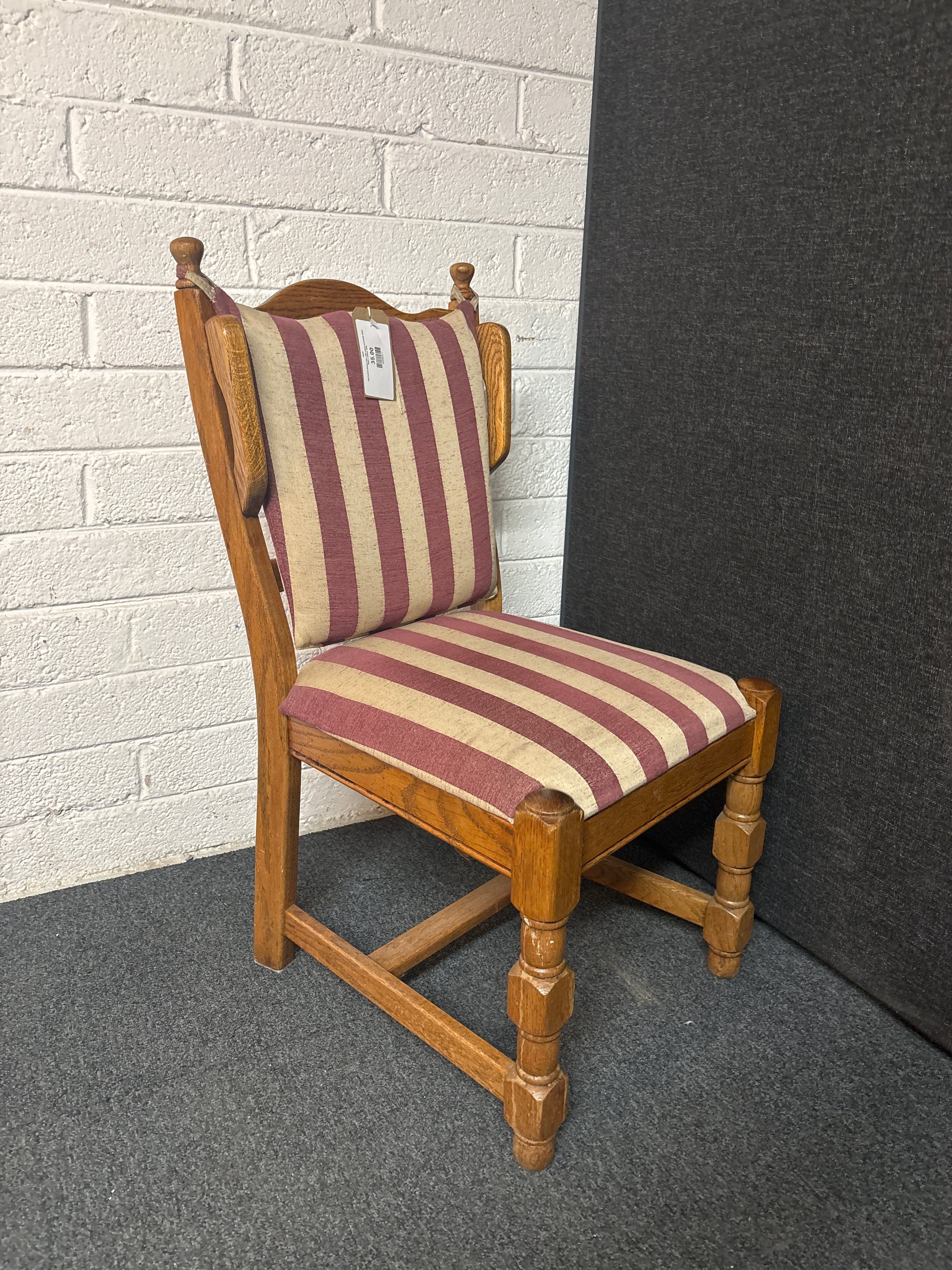 Oak framed dining chair with cream and purple stripe fabric cushion 3225