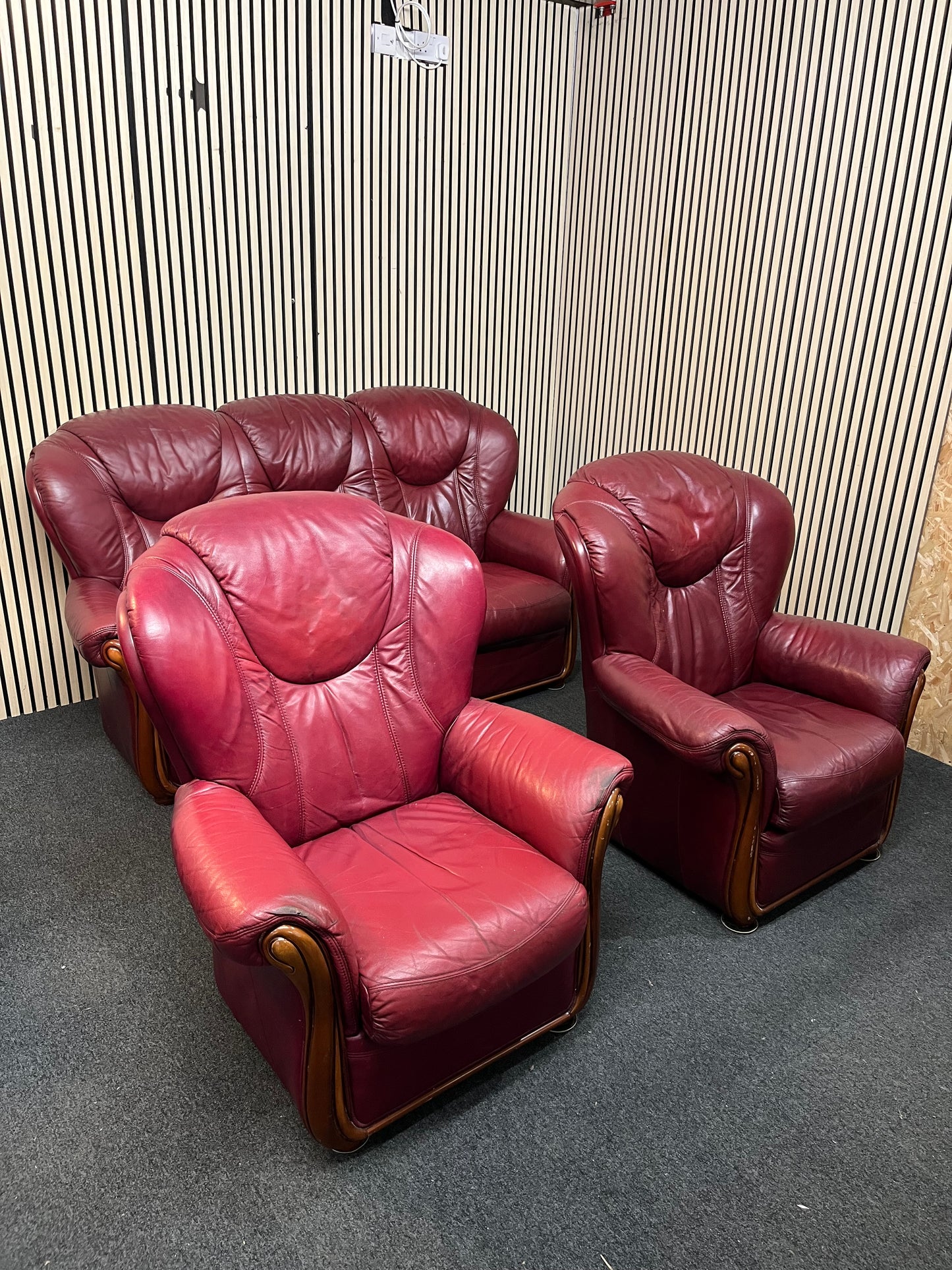 3+1+1 Wine leather Dutch Oak framed high back sofa suite  3126