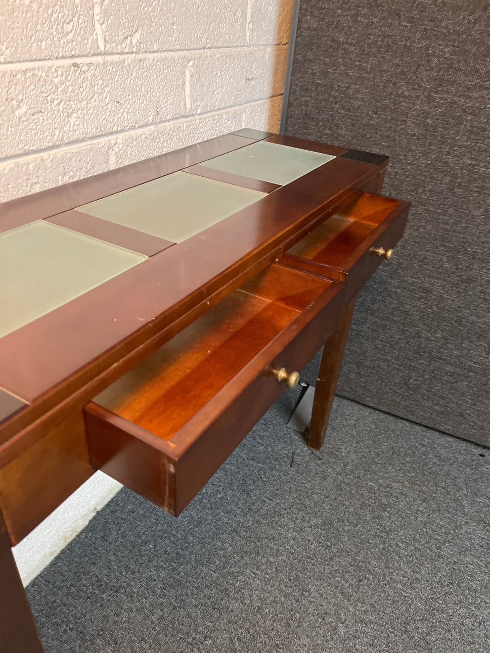 Dark wood stained solid wood console table, frosted glass top with drawers 935Wx235Dx800H 3225