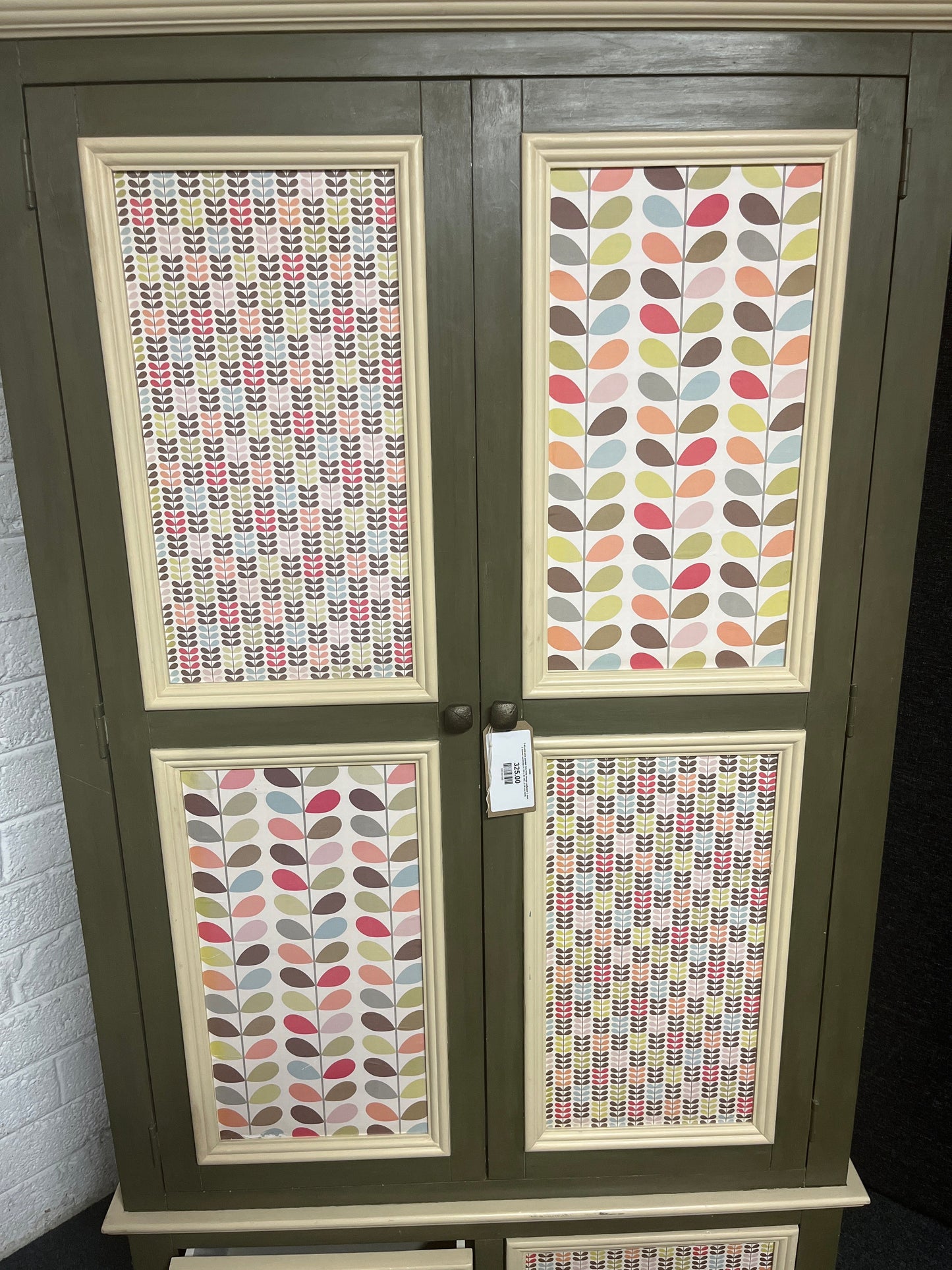 Tall solid pine painted Orla Kiely design wallpaper 2 door 2 drawer wardrobe (H 189 x W 106 x D 58 cm) 3225