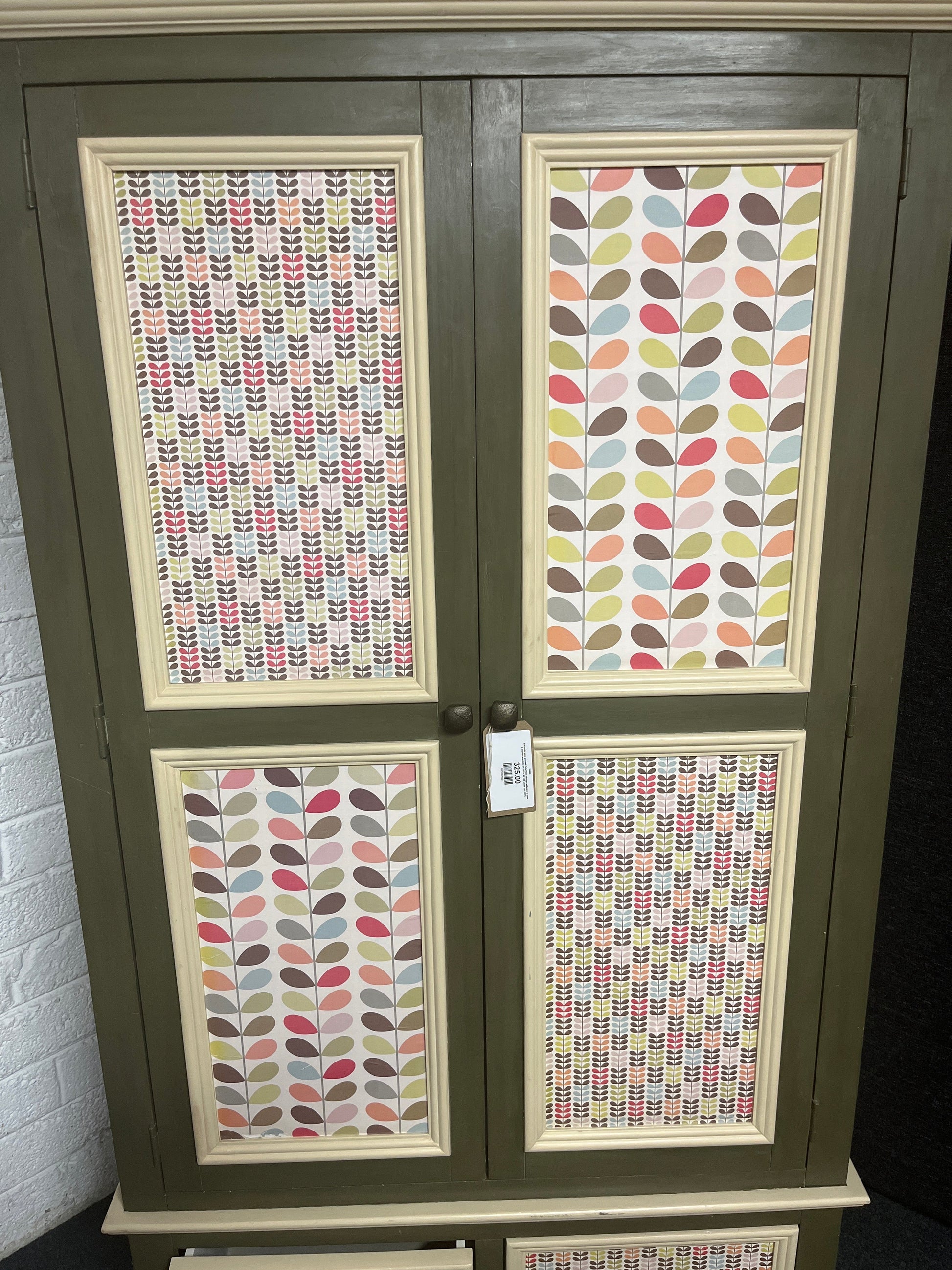 Tall solid pine painted Orla Kiely design wallpaper 2 door 2 drawer wardrobe (H 189 x W 106 x D 58 cm) 3225