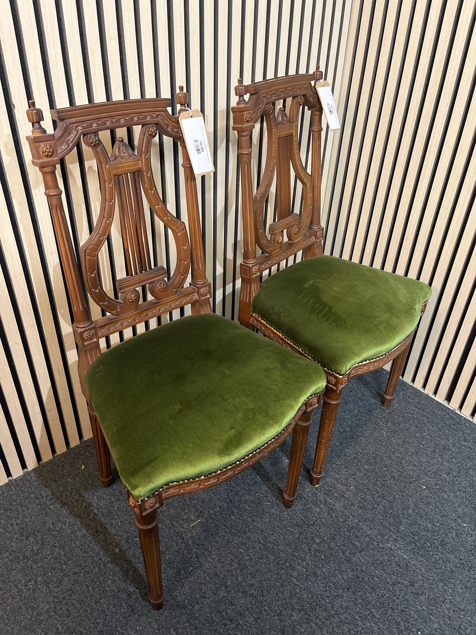 Pair of ornate mahogany dining chairs with green seat fabric 3126