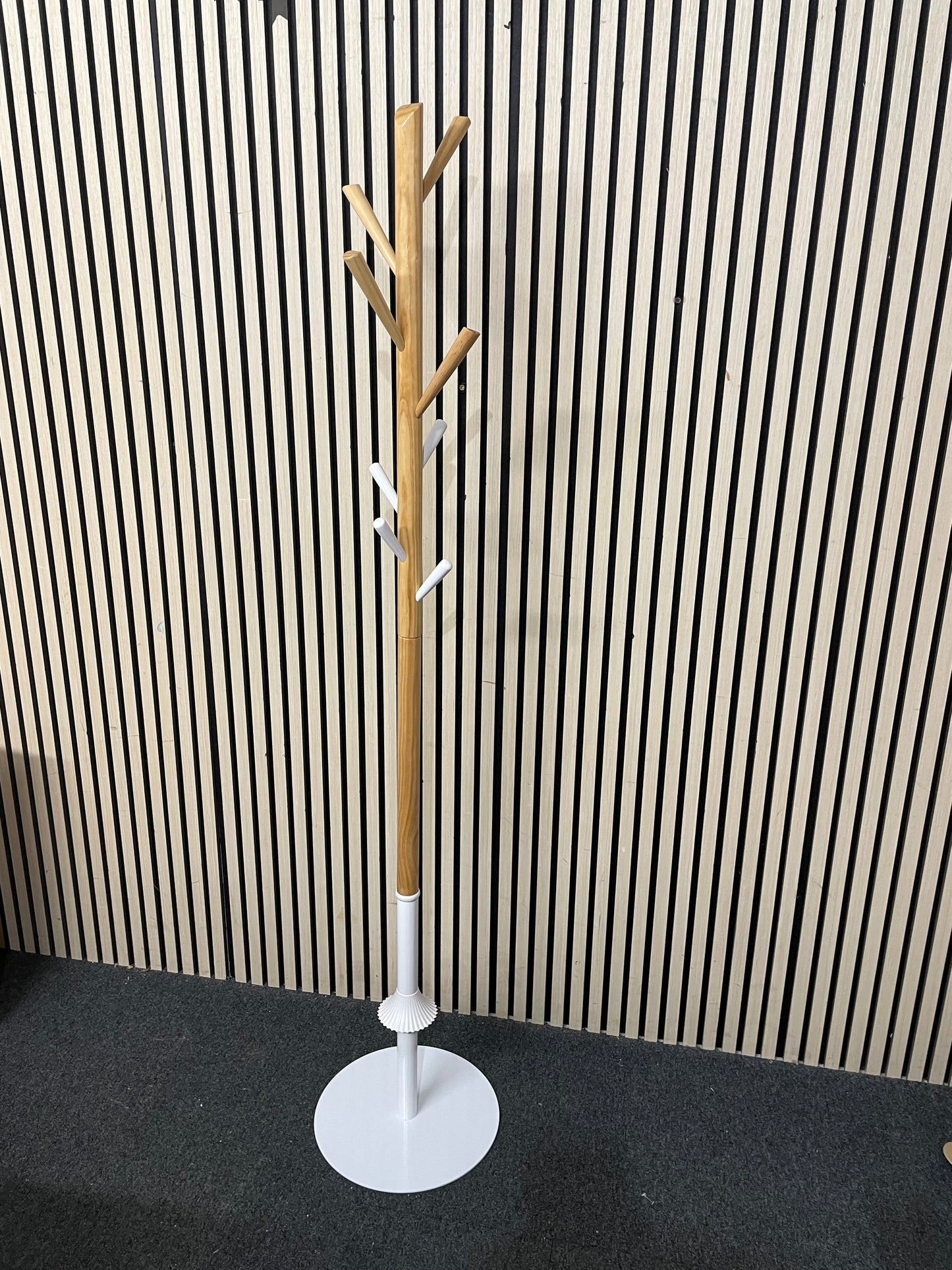 Tall Pine coat stand with white metal base