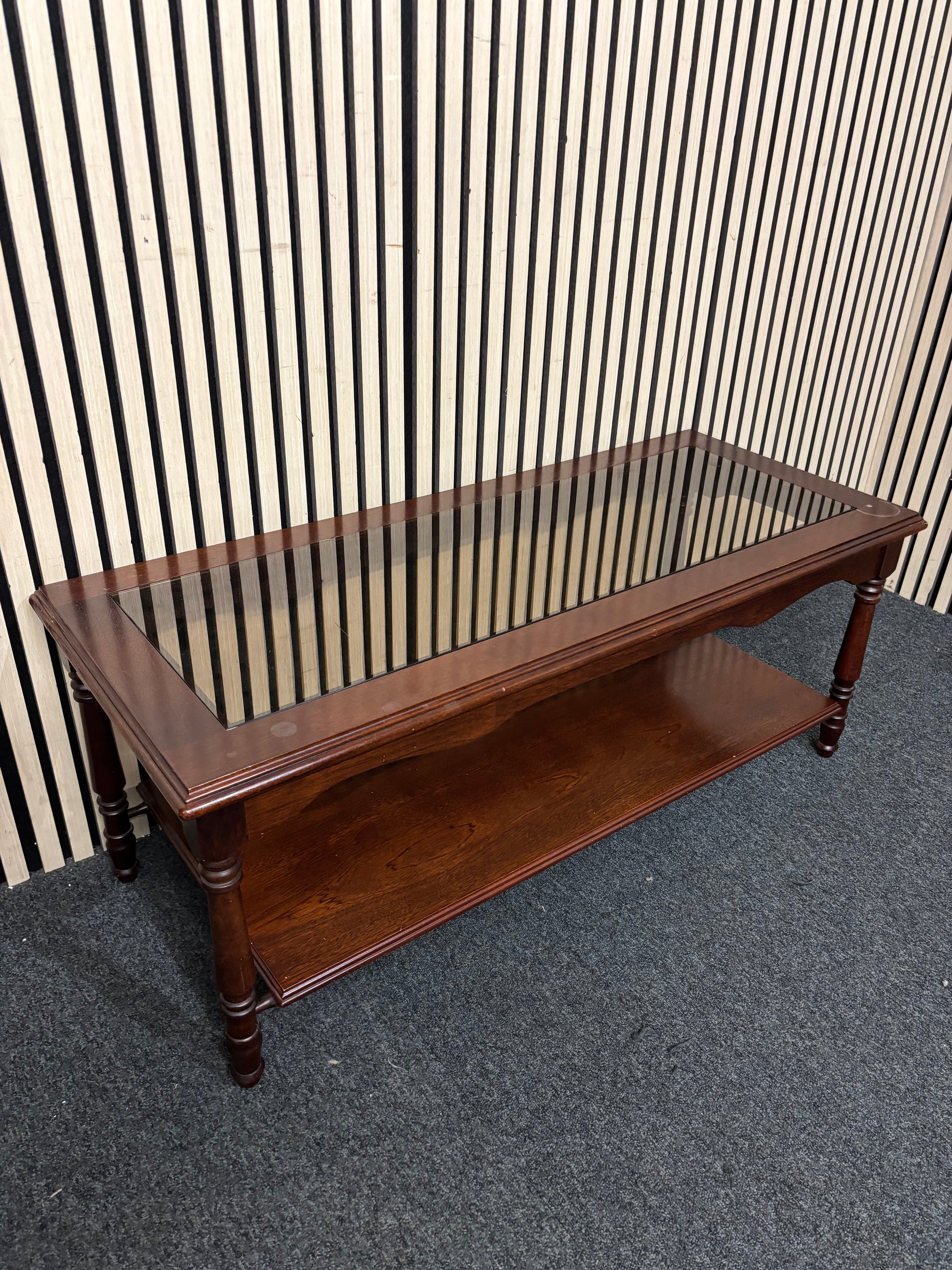 Low mahogany rectangular glass top solid coffee table 43615