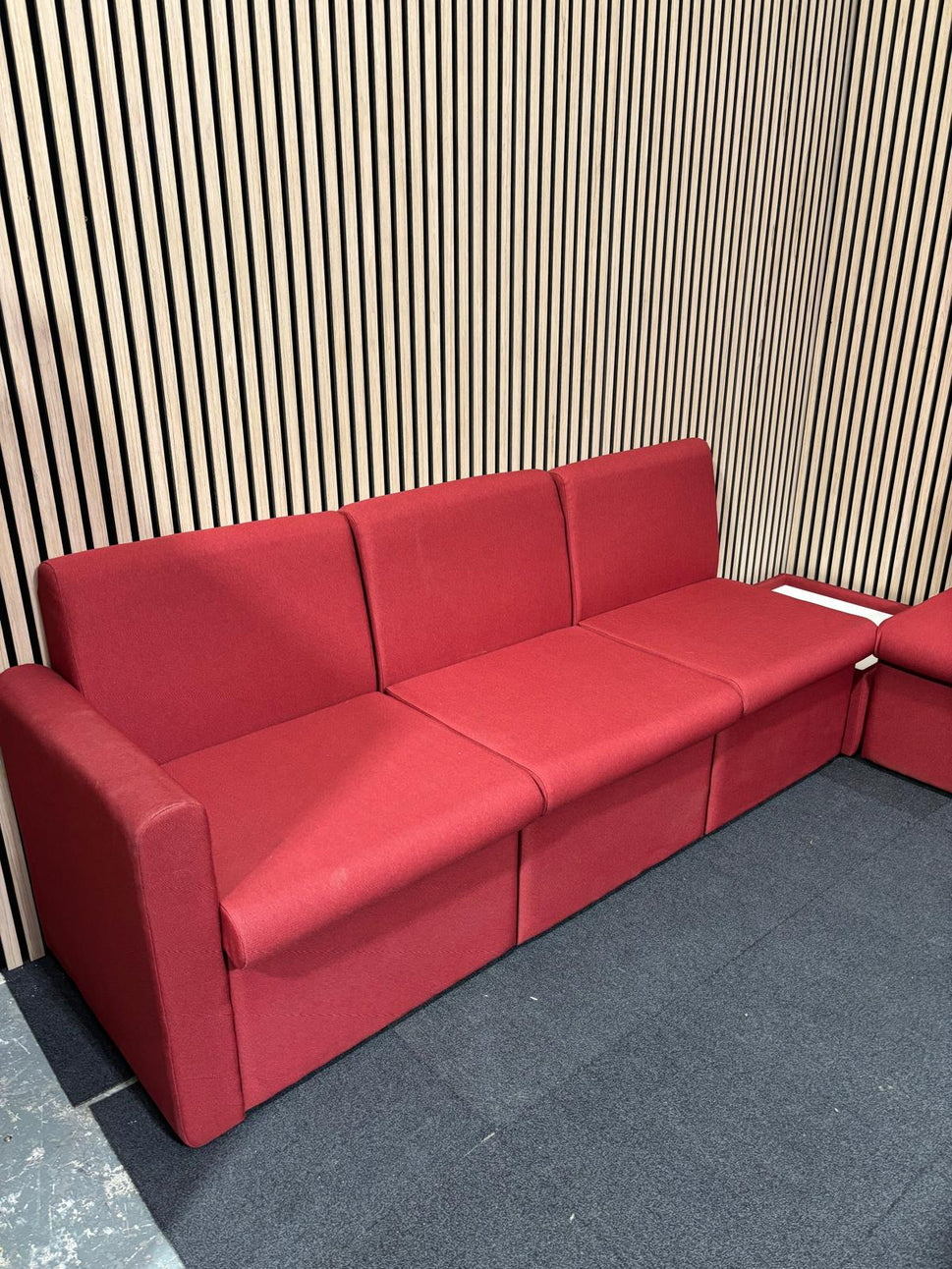 Una modular soft seating L shape sofa + 2 seater with matching coffee table in soft red fabric
