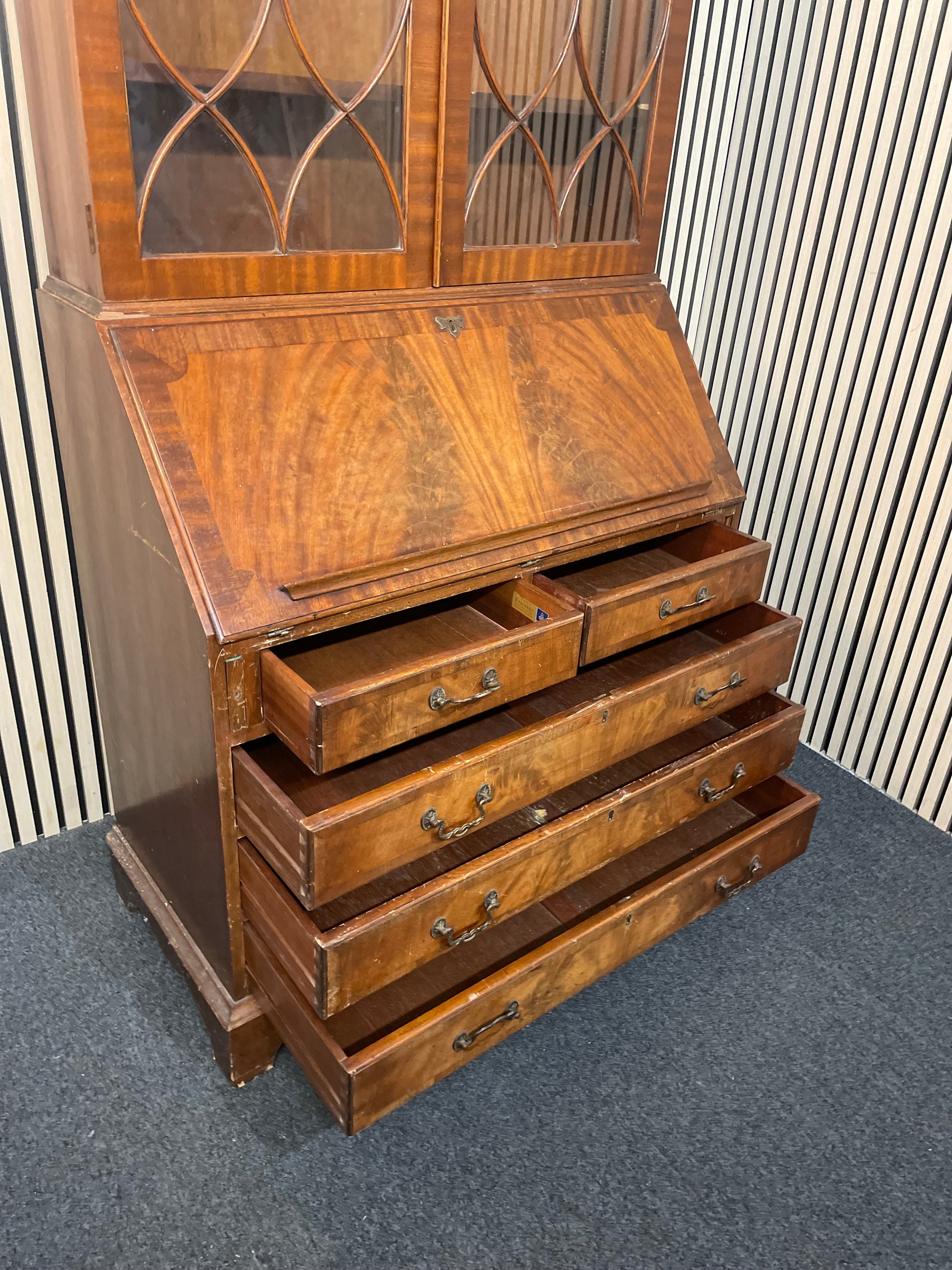 Ornate mahogany inlaid tall 2 glass door writing bureau with base drawers( H 214 x W 100 x D 43 cm) 2425