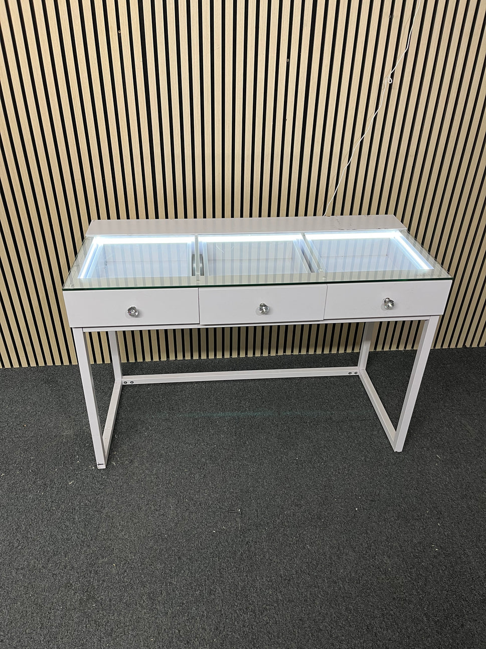White framed glass top 3 drawer dressing table with led lights 2225