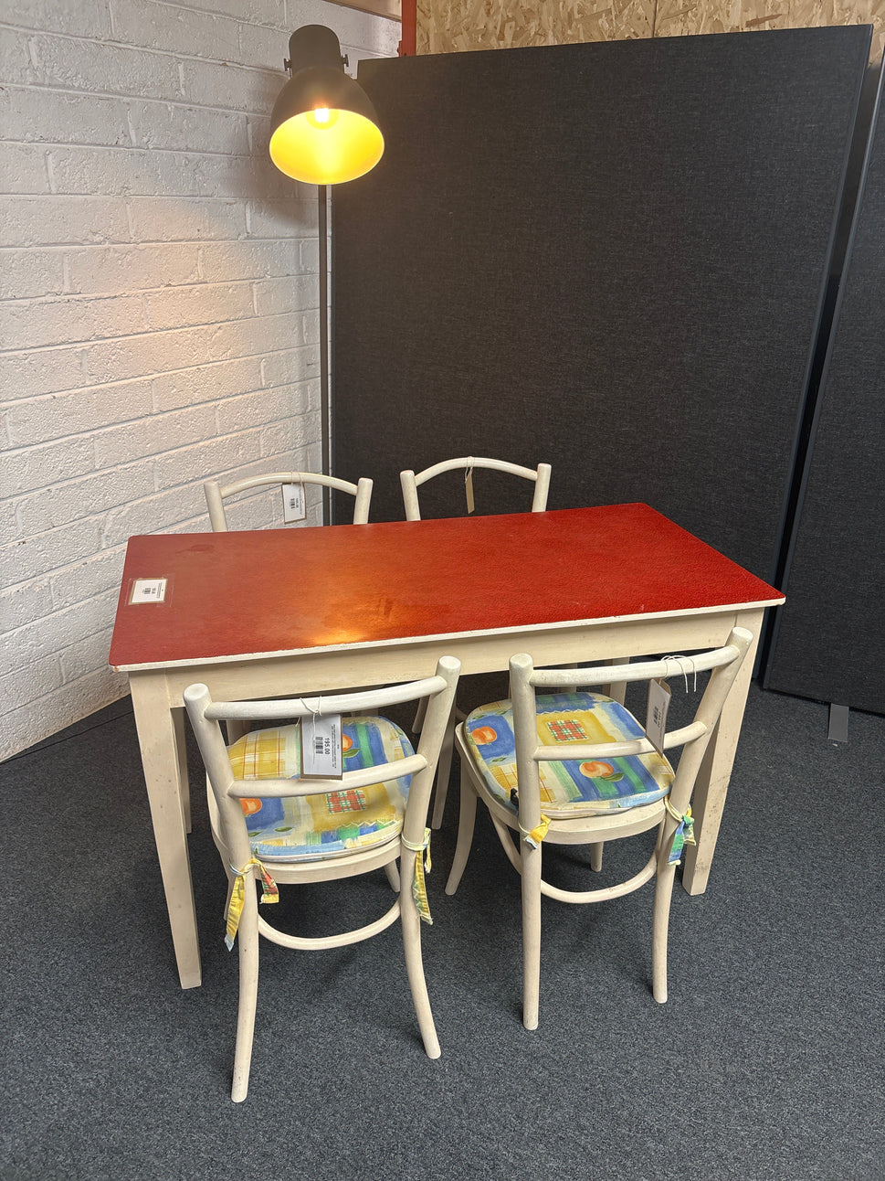 Retro white painted vinyl top rectangular table(H 740 x W 1200 x D 600 mm) with 4 white bentwood chairs  1225