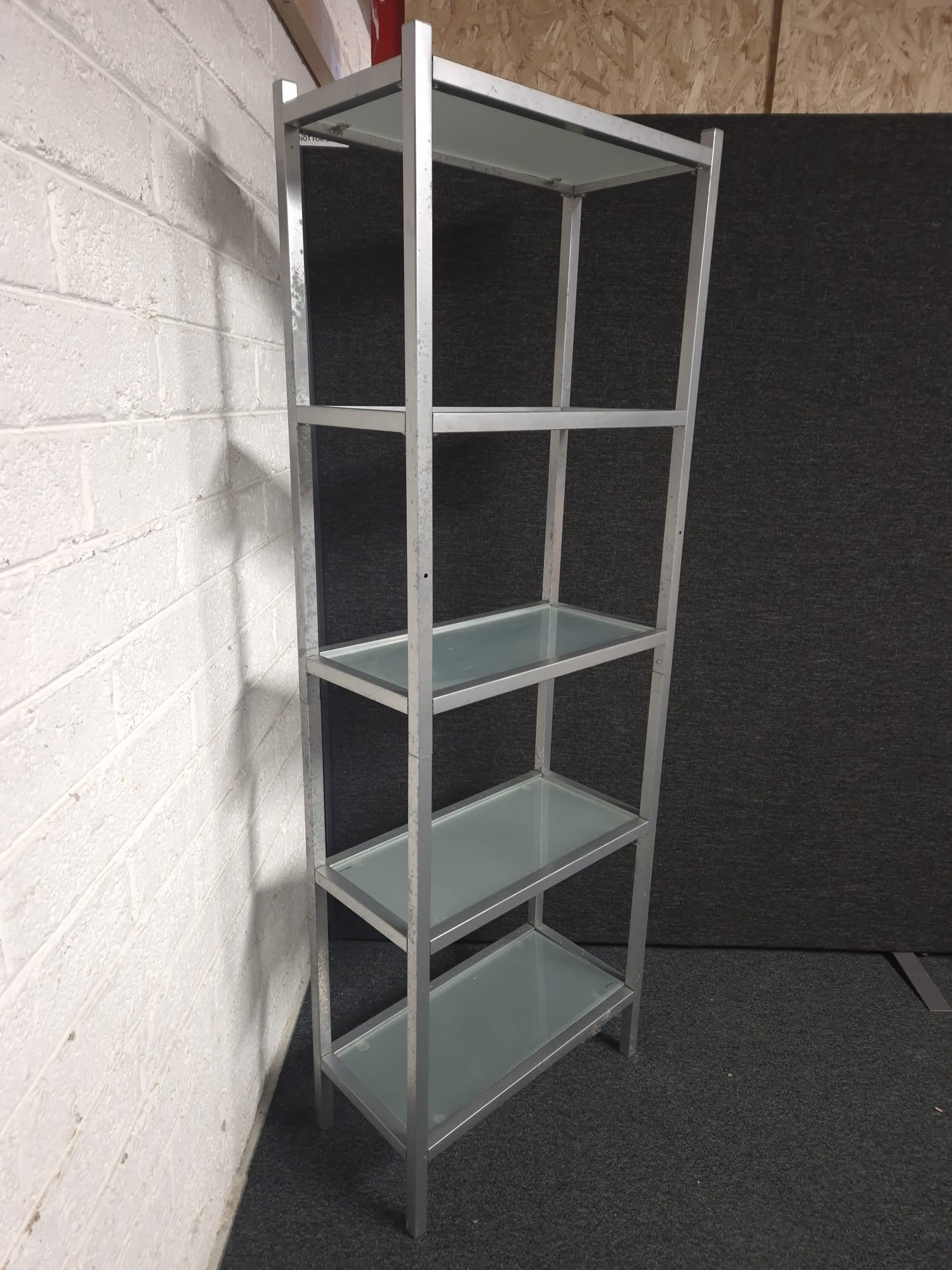 Tall silver metal and glass shelf tiered display unit (H 1700 x W 600 x D 300 mm) 1225