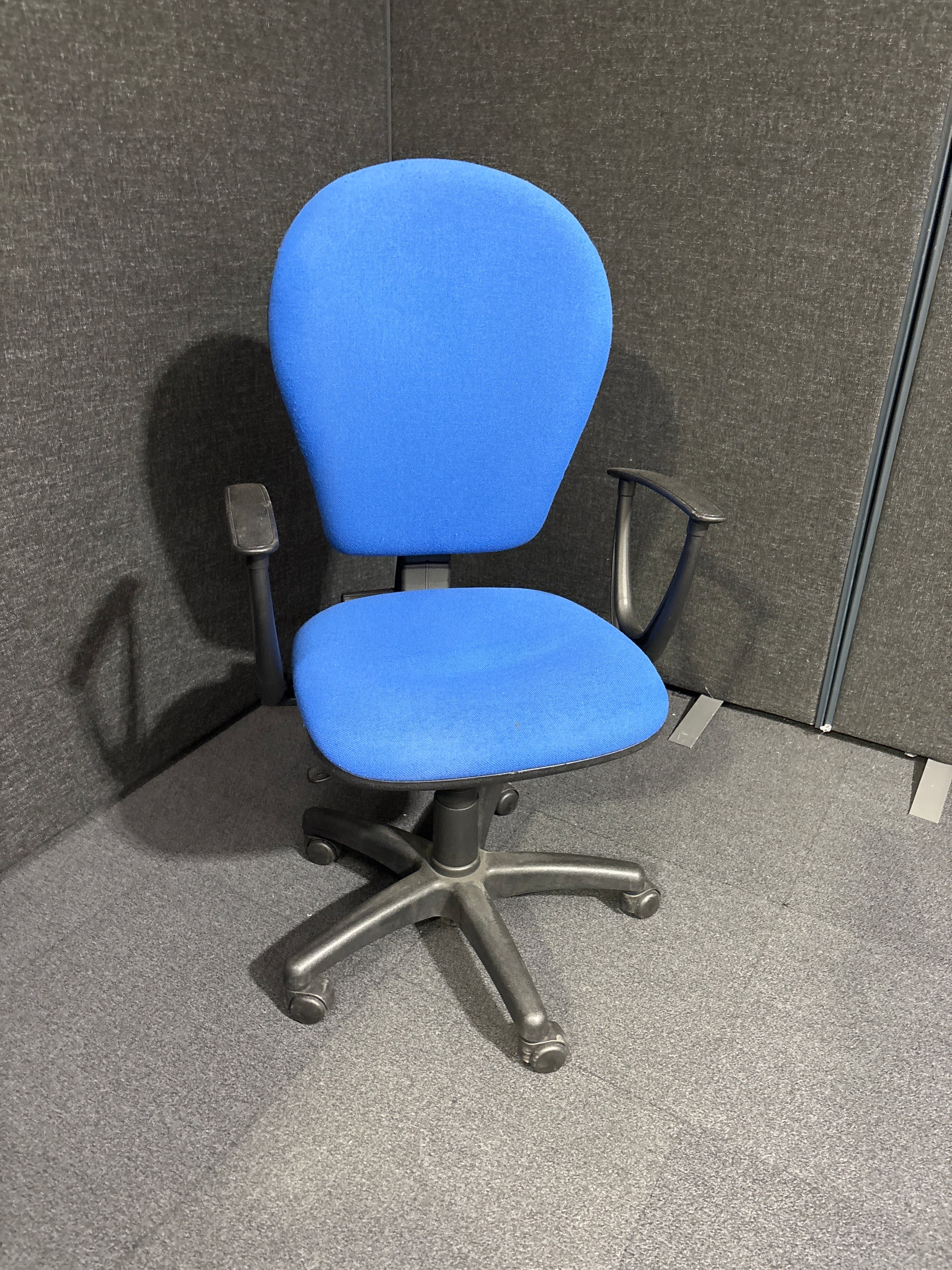 High back blue fabric swivel chair with black loop arms