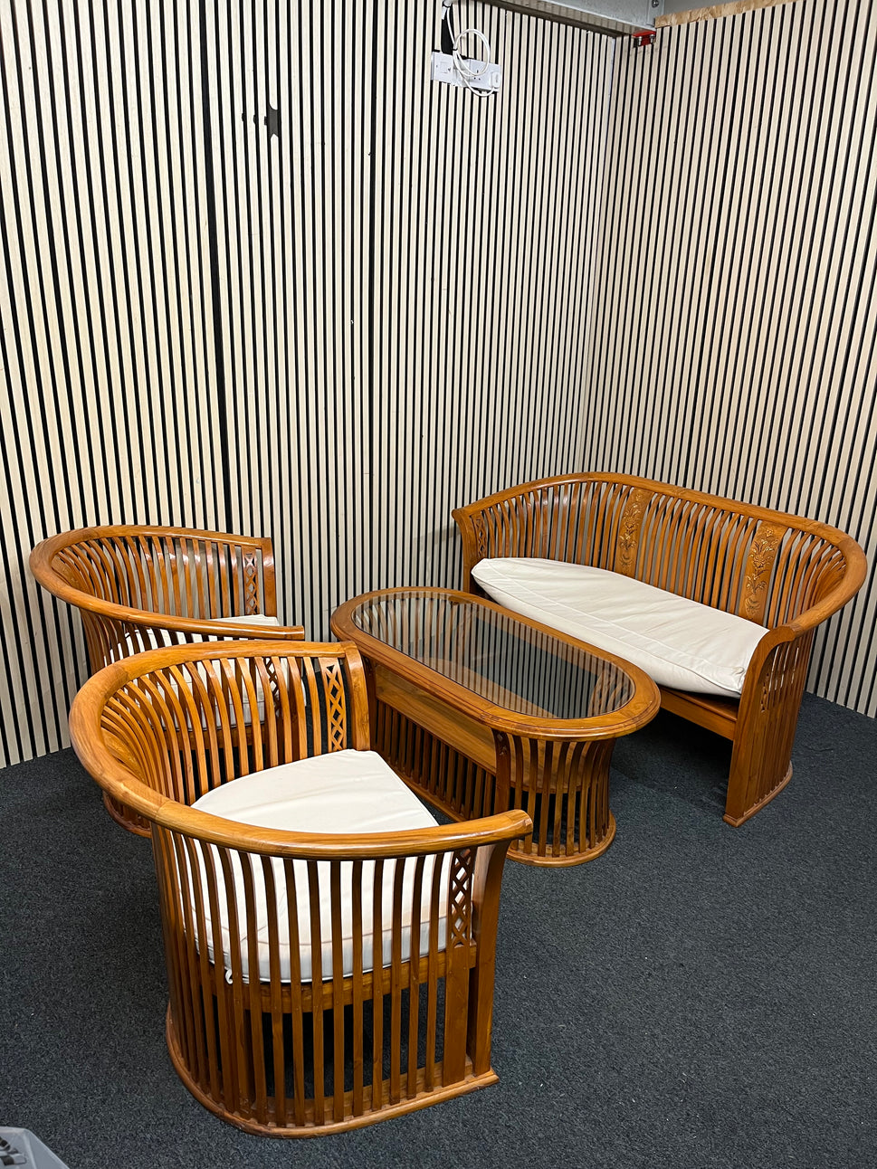 Indonesian solid teak conservatory set 2+2+1+coffee table with white fabric cushions  1126