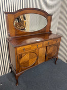 Edwardian style mahogany sideboard featuring inlaid parquetry and oval mirror, height 150 cm, width 132 cm, depth 47 cm  44723