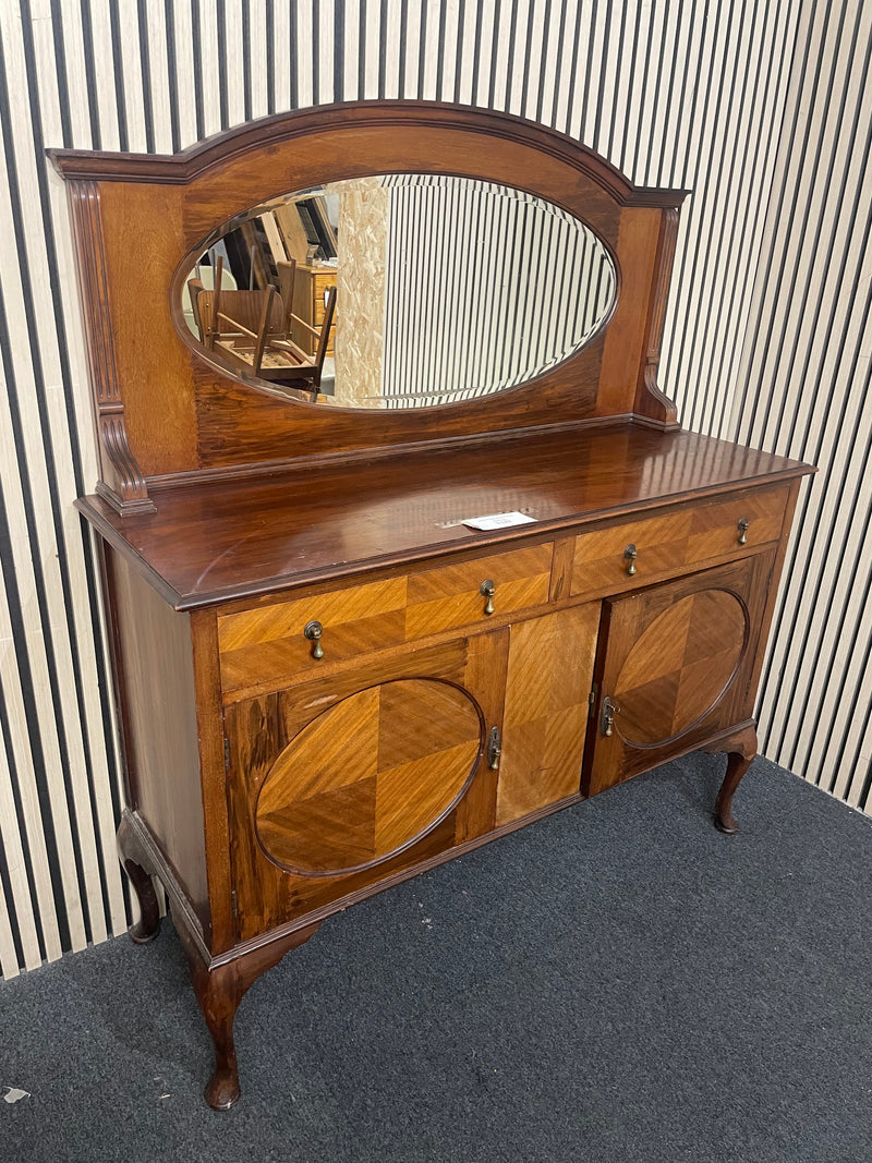 Edwardian style mahogany sideboard featuring inlaid parquetry and oval mirror, height 150 cm, width 132 cm, depth 47 cm  44723