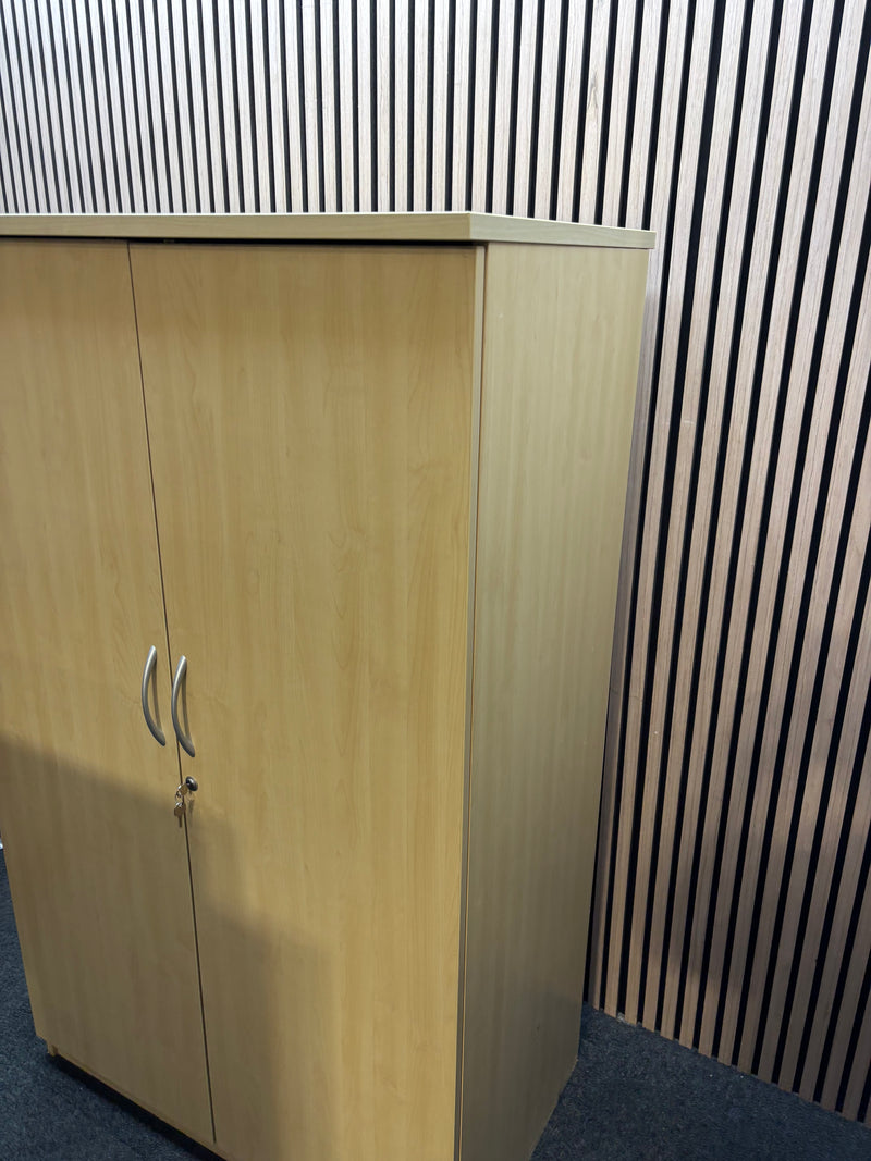 Tall maple 2 door storage unit with internal wooden shelves and key 95Wx160Hx60D. Price inc VAT