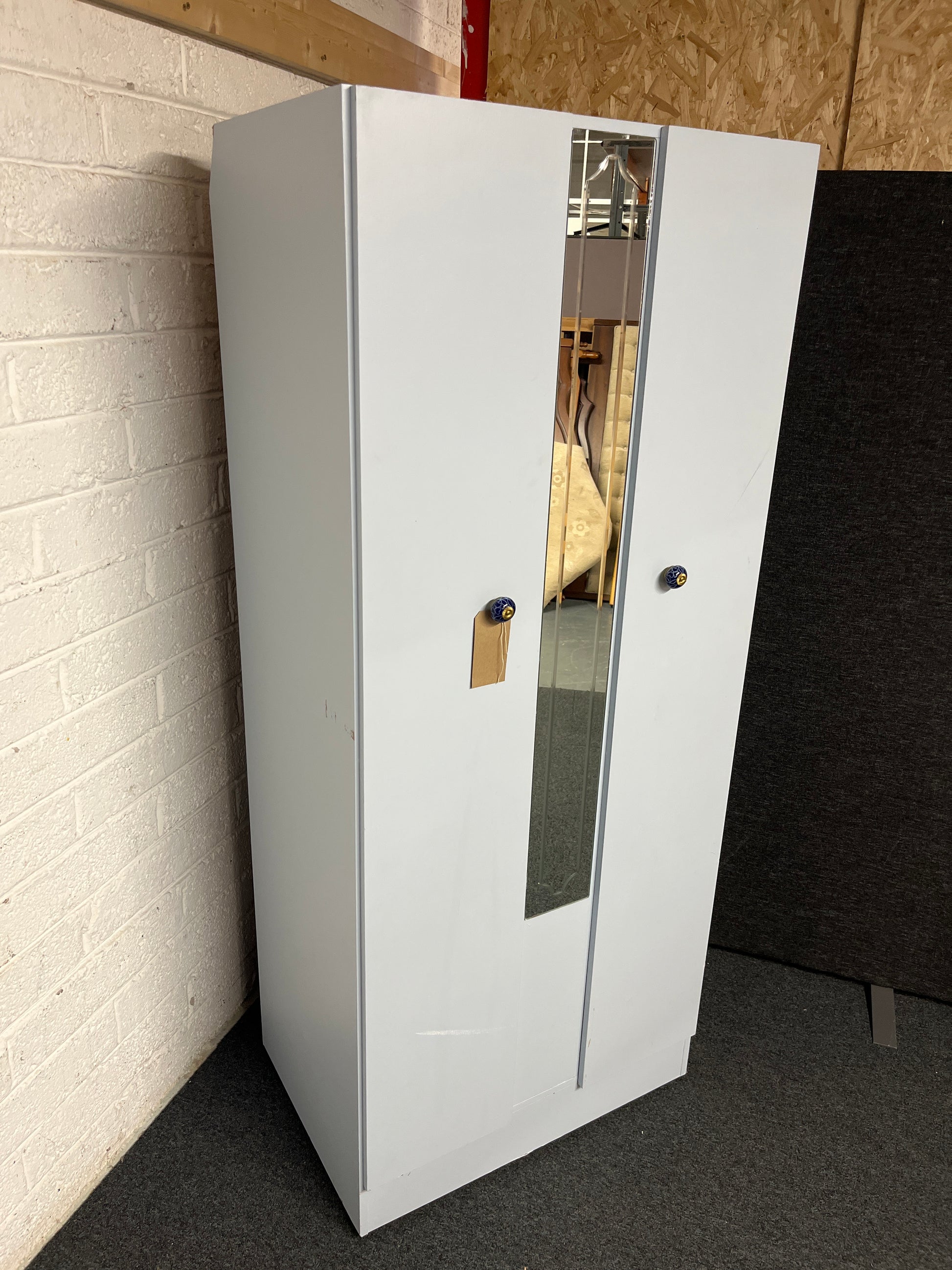 Tall 2 door, central mirror pale blue laminate wardrobe (H 182 x W 77 x 54 cm) 1225