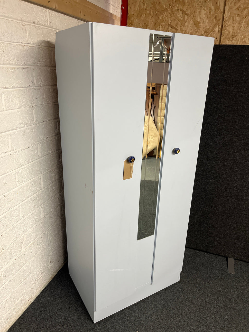 Tall 2 door, central mirror pale blue laminate wardrobe (H 182 x W 77 x 54 cm) 1225