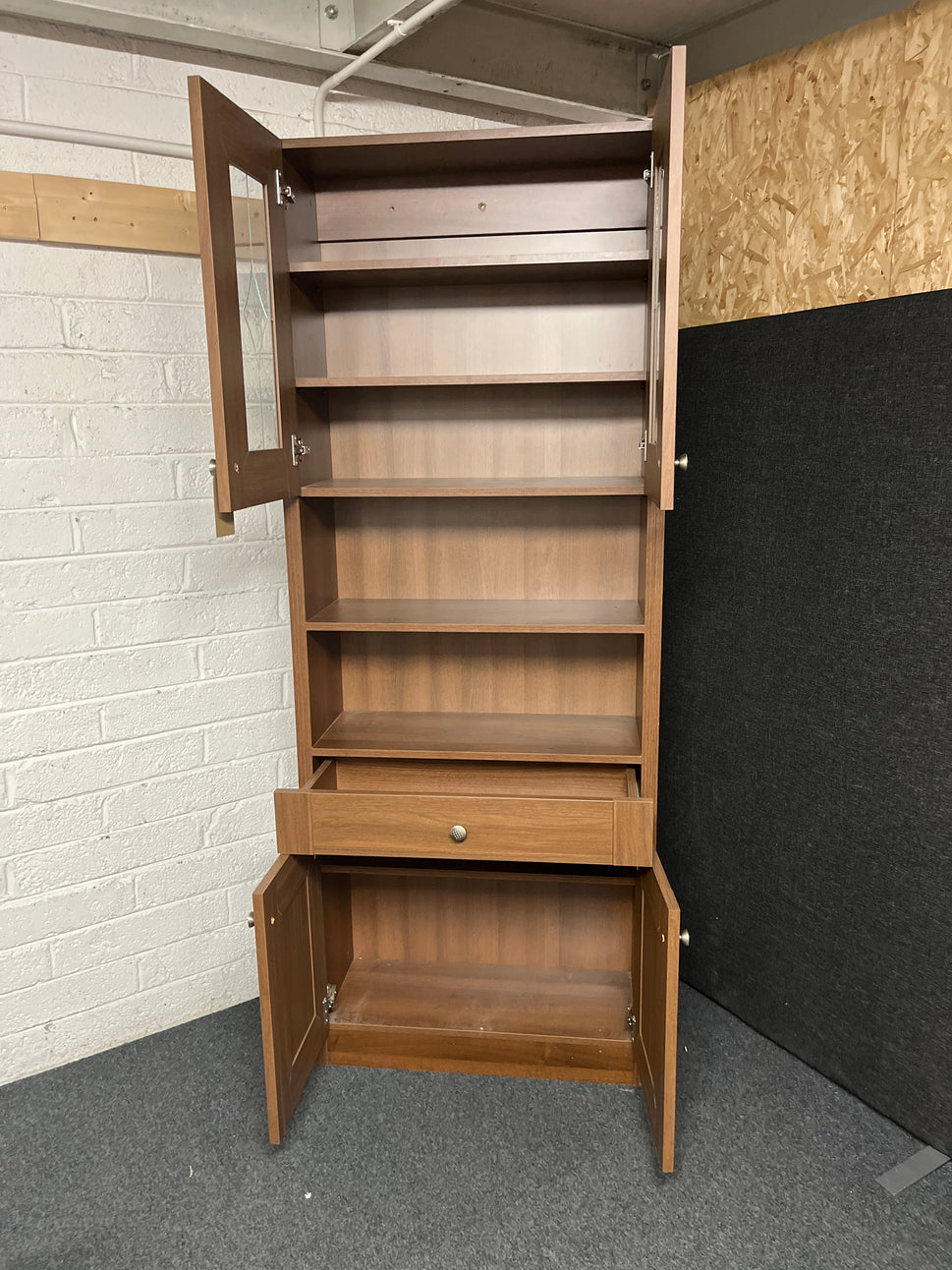 Tall walnut laminate 2 glass door display unit with drawer 2150Hx840Wx300D 2225