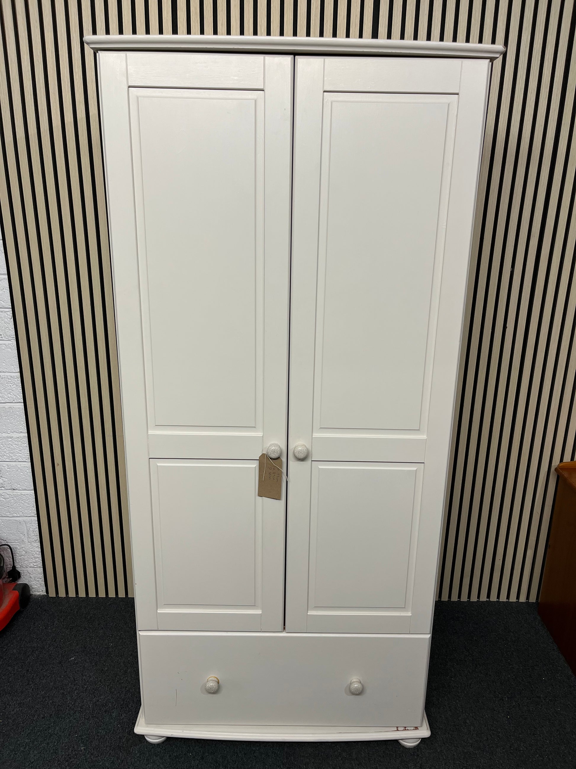 Solid pine cream painted tall 2 door wardrobe with base drawer