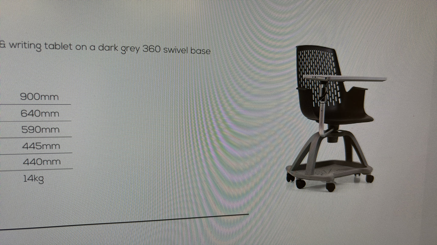 Report mobile conference chair with writing tablet on castors, black plastic seat, dark grey writing tablet with drinks holder. 90Hx64Wx59H. Seat height 445mm