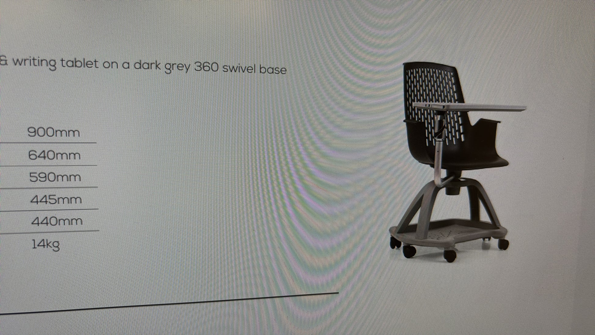 Report mobile conference chair with writing tablet on castors, black plastic seat, dark grey writing tablet with drinks holder. 90Hx64Wx59H. Seat height 445mm