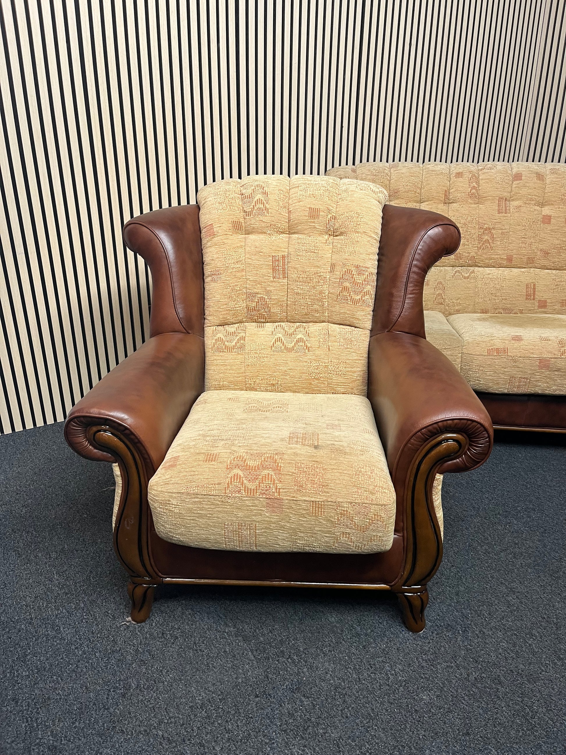 3+1+1 solid wood frame, high back brown leather suite with brown mix fabric cushions and backs