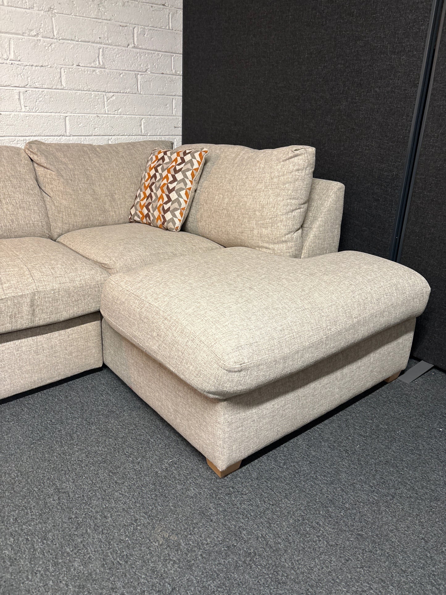 Large sectional oatmeal fabric corner sofa suite 2300L x 930D x 1600L on return section 2225