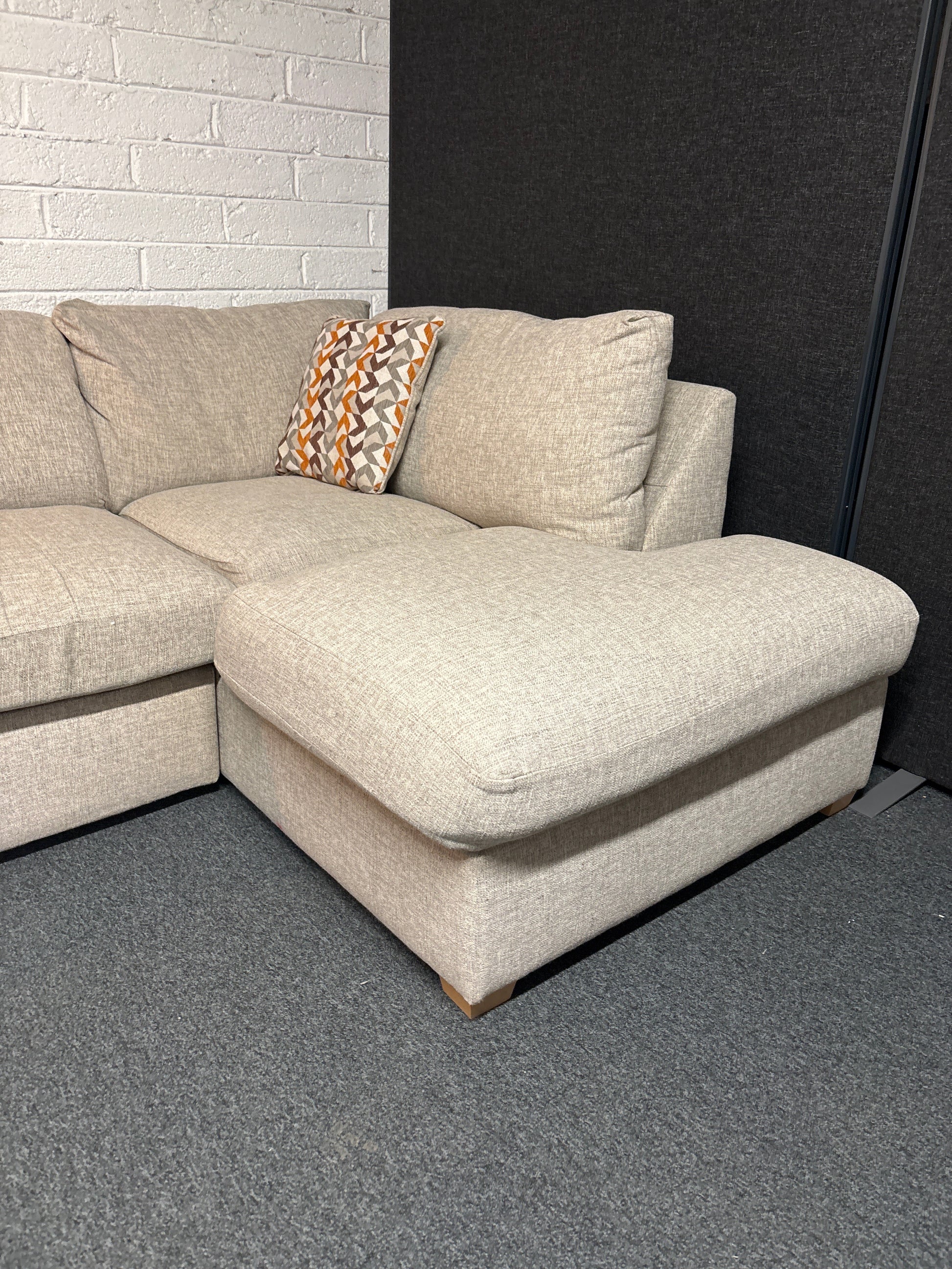 Large sectional oatmeal fabric corner sofa suite 2300L x 930D x 1600L on return section 2225