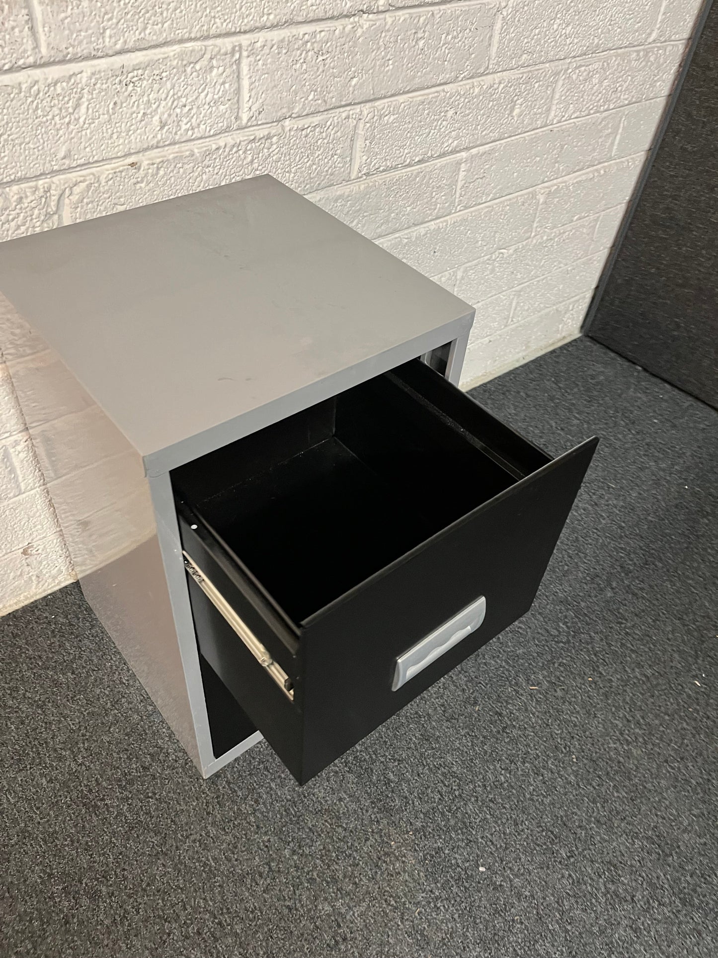 SECONDHAND Small black and grey metal A4 filing cabinet (no lock)