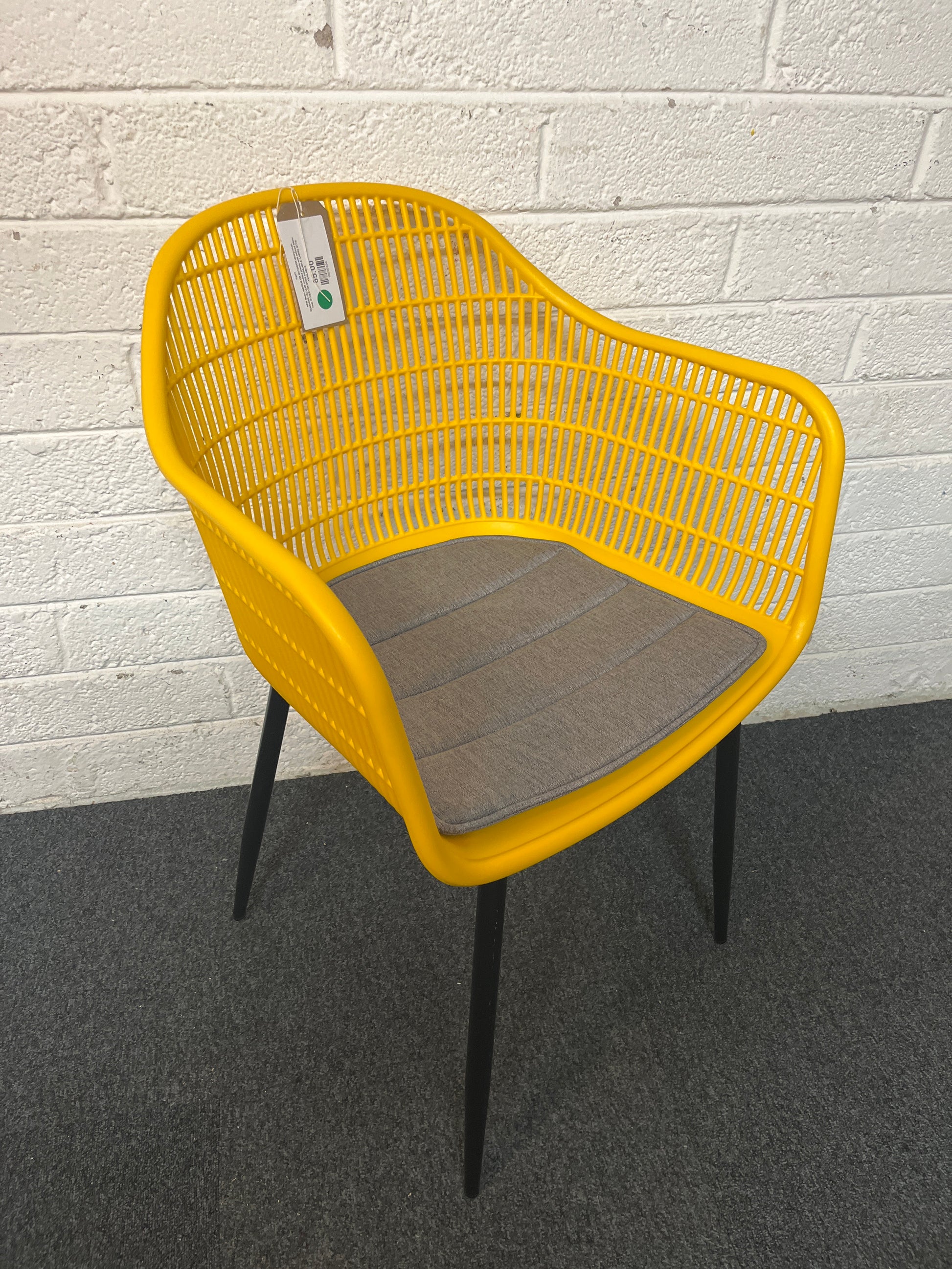 NEW Metro INDOOR OR OUTDOOR dining chair, SUNSHINE YELLOW moulded plastic with tailored fabric seat. OTHER COLOURS AVAILABLE. LARGE QTYS AVAILABLE