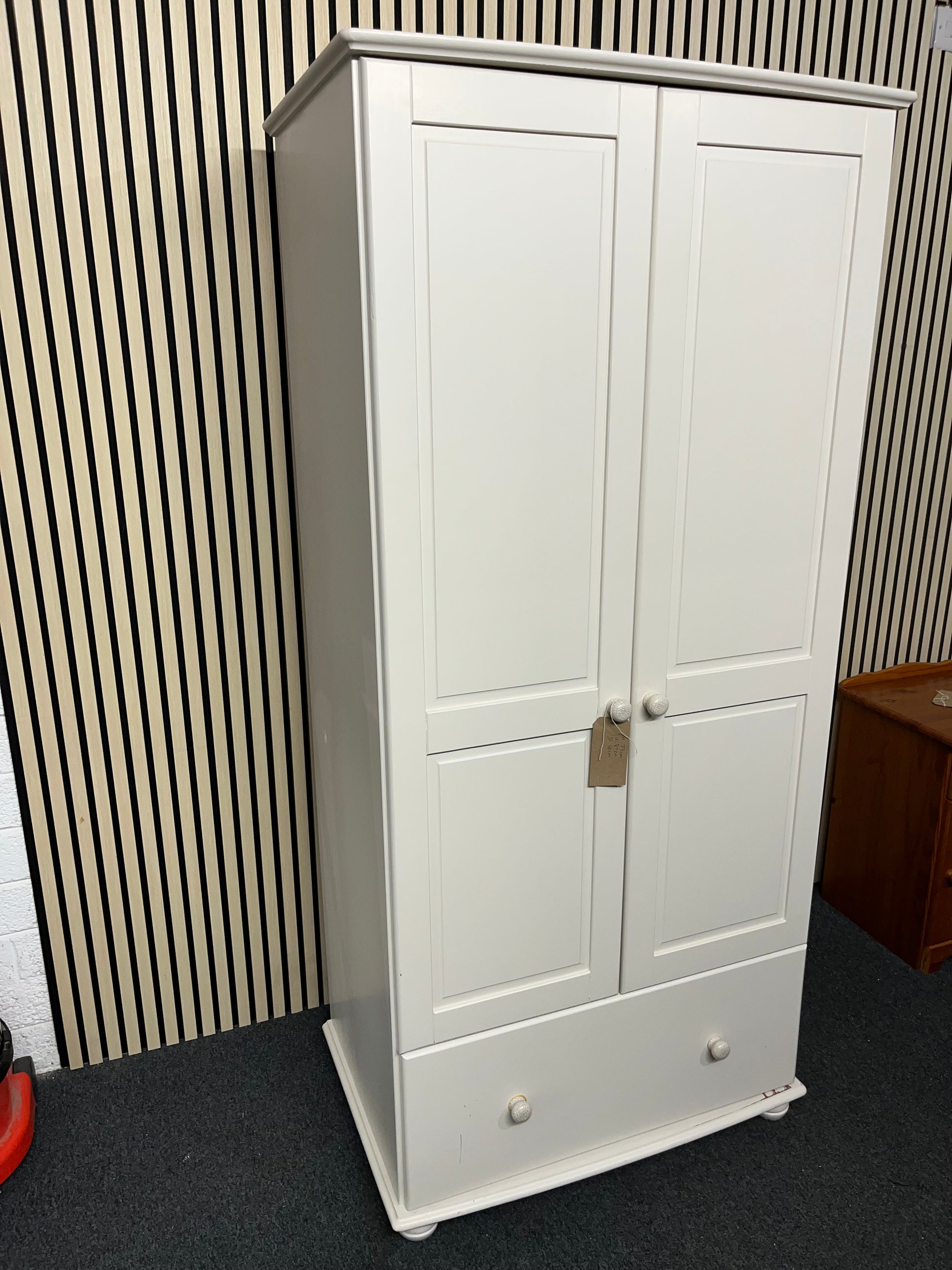 Solid pine cream painted tall 2 door wardrobe with base drawer