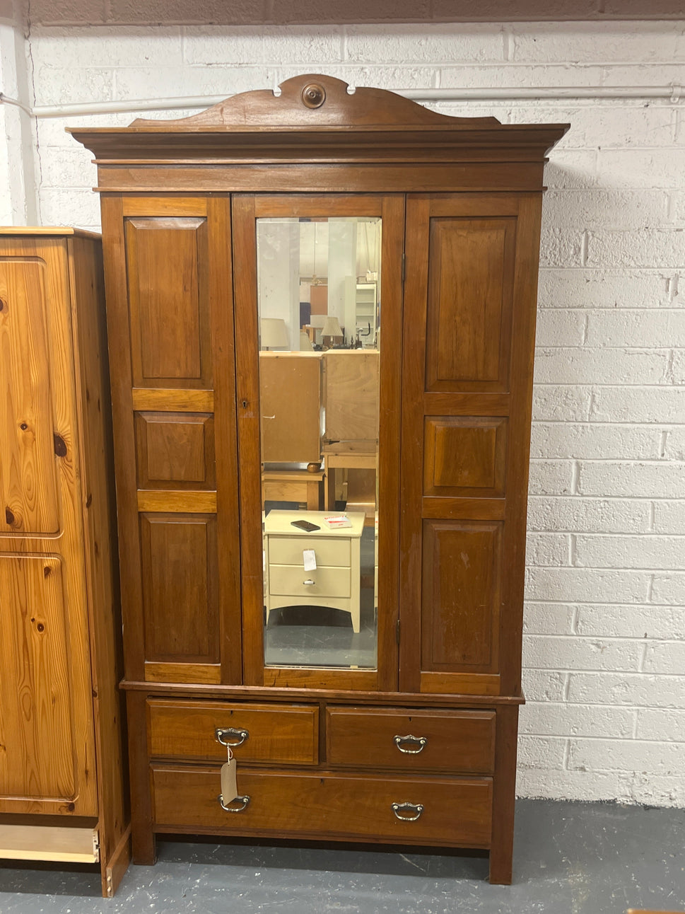 Antique oak stained single door wardrobe with central mirror and 3 drawers (H 215 x W 120 x D 50 cm)
