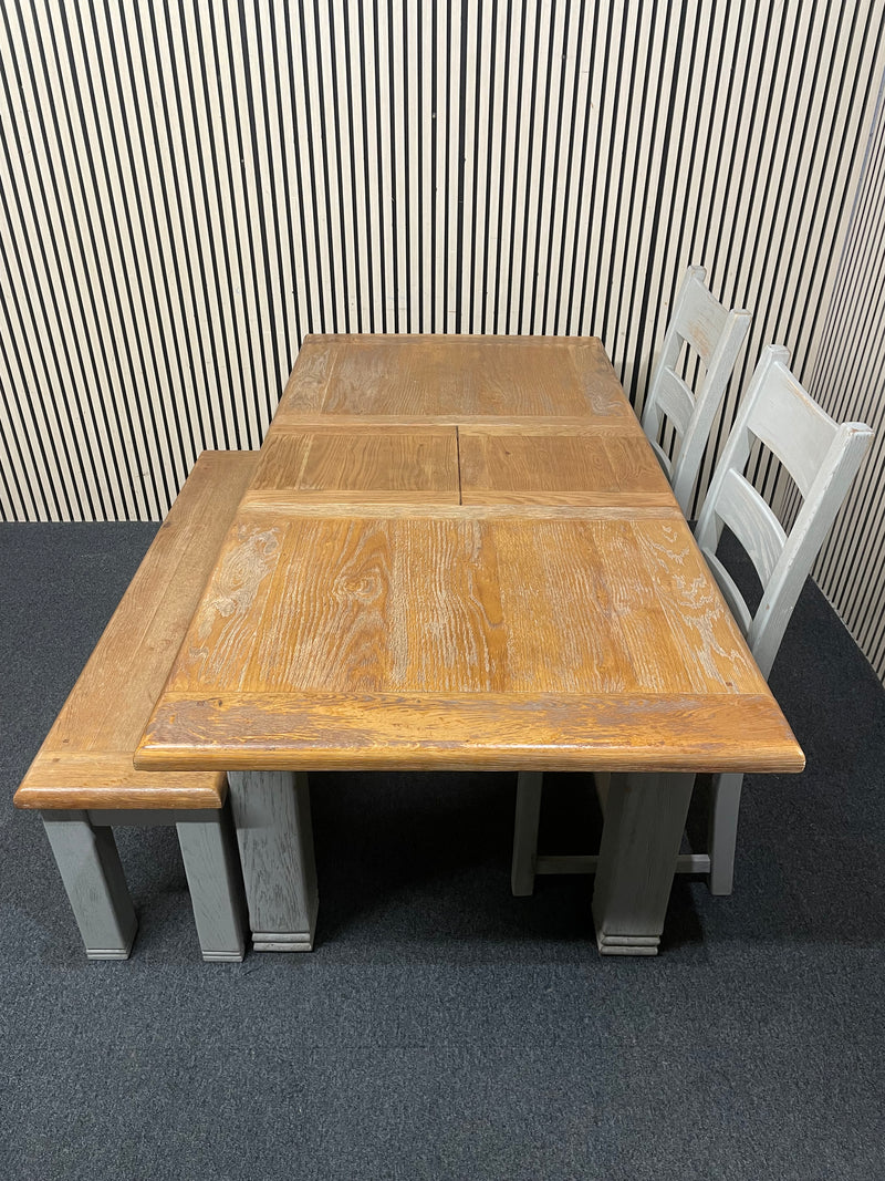 Extending dining table with oak top and grey painted legs (L 140 - 180 x W 90 cm) with 2 no. dining chairs and matching bench seat  44806