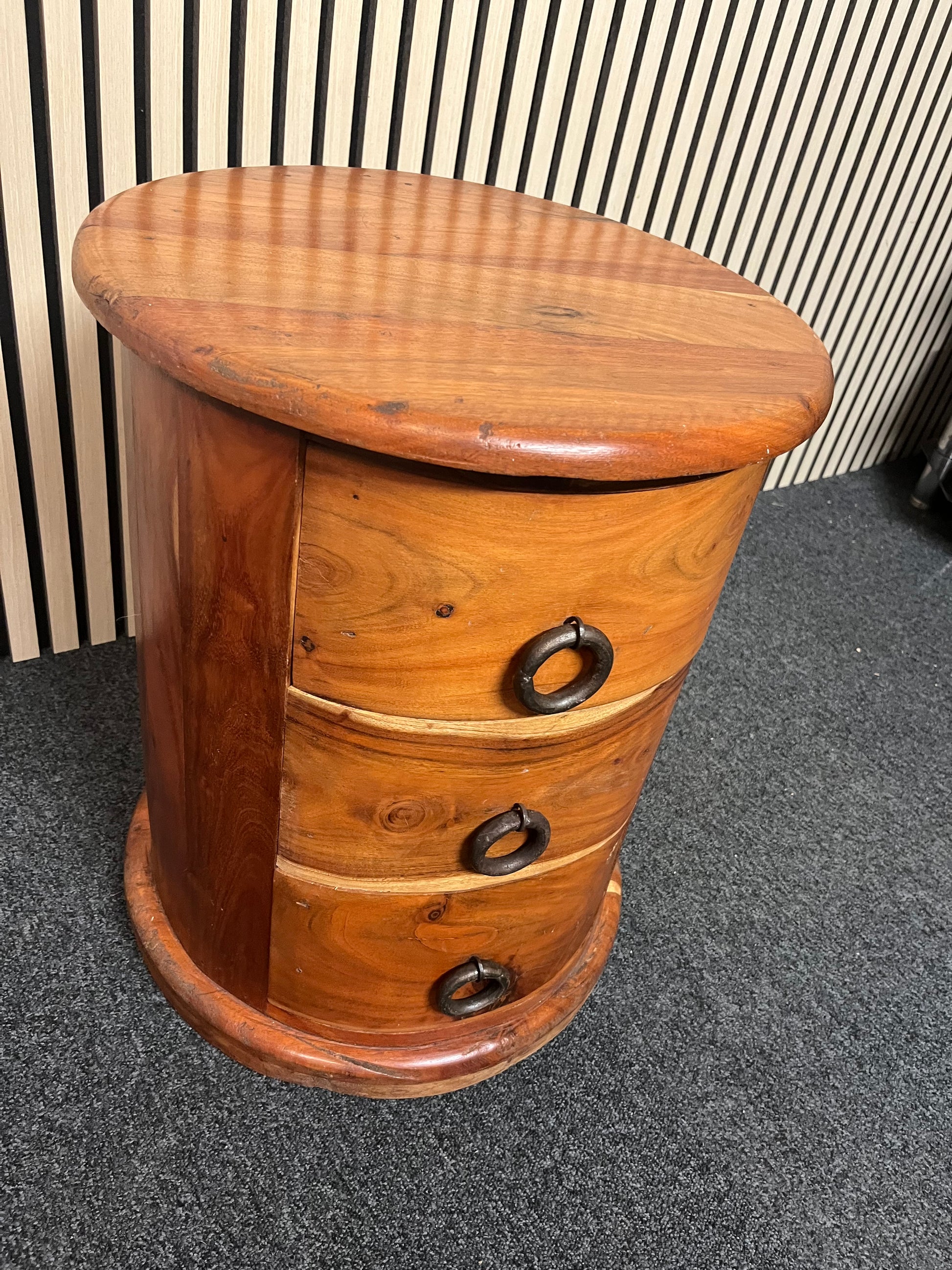 Solid teak 3 drawer oval top bedside locker 2325