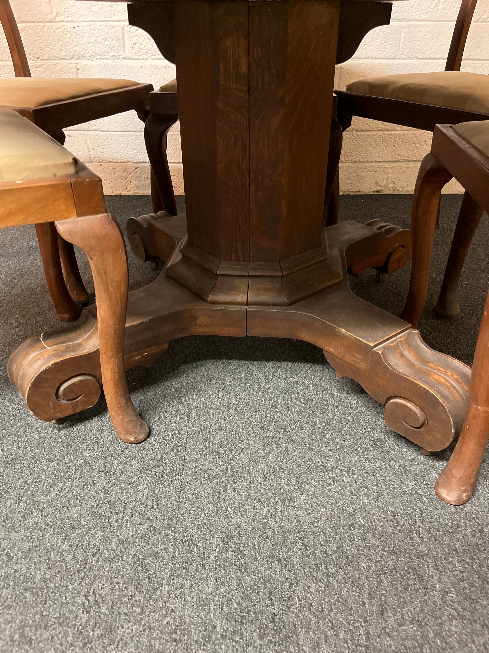 Stained oak circular table (H 78 x Diameter 123 cm) with high back stained oak dining chairs with striped cream seats 1325