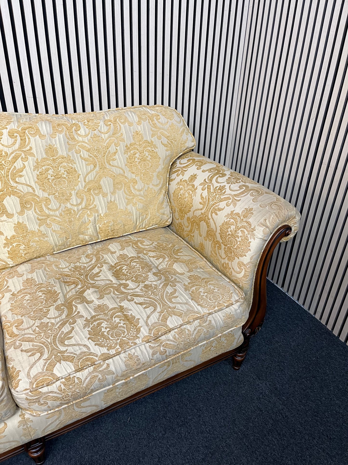 Ornate mahogany framed 2 seater sofa with embossed floral fabric (Width 2 meters) 2425