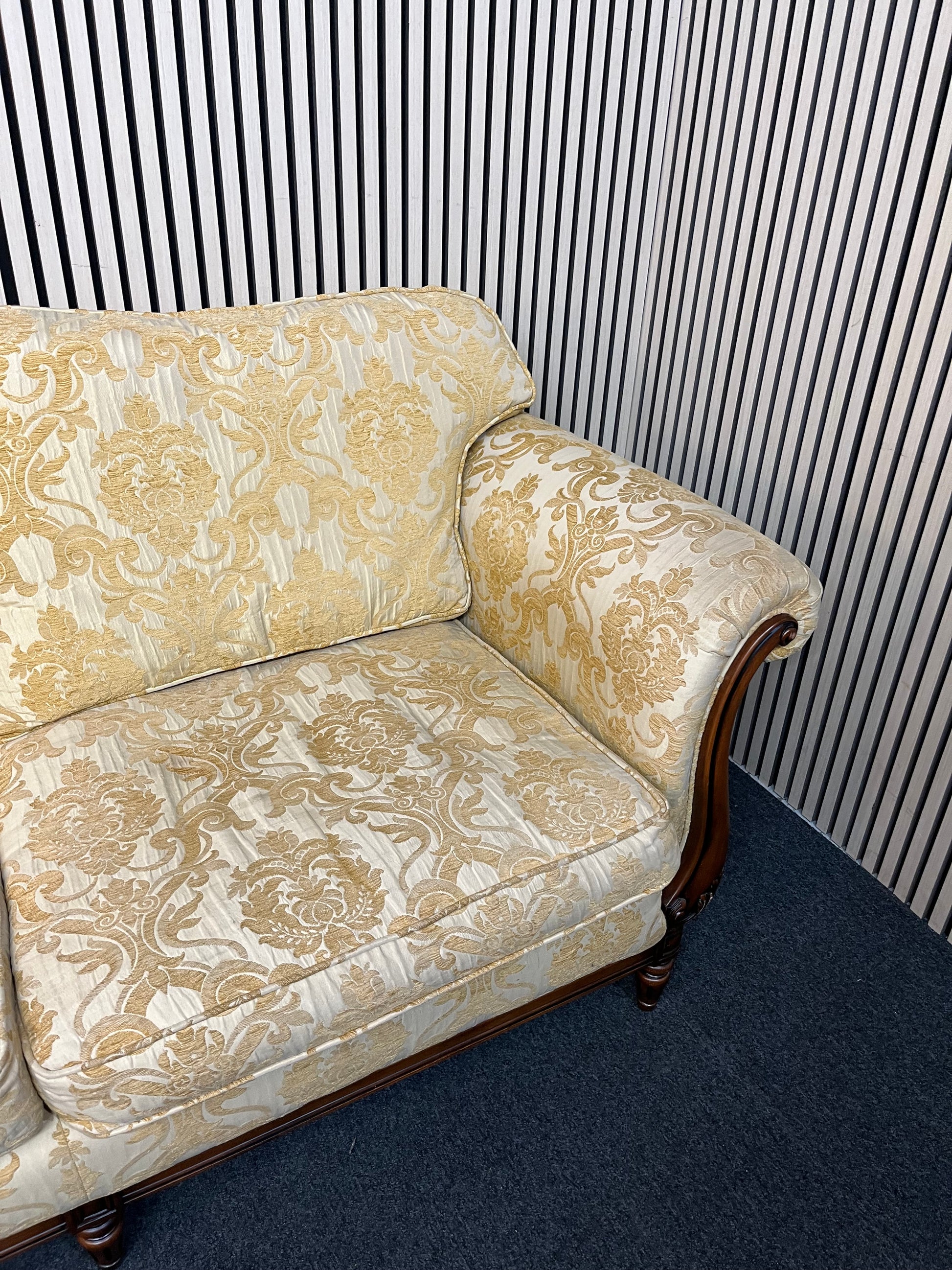 Ornate mahogany framed 2 seater sofa with embossed floral fabric (Width 2 meters) 2425