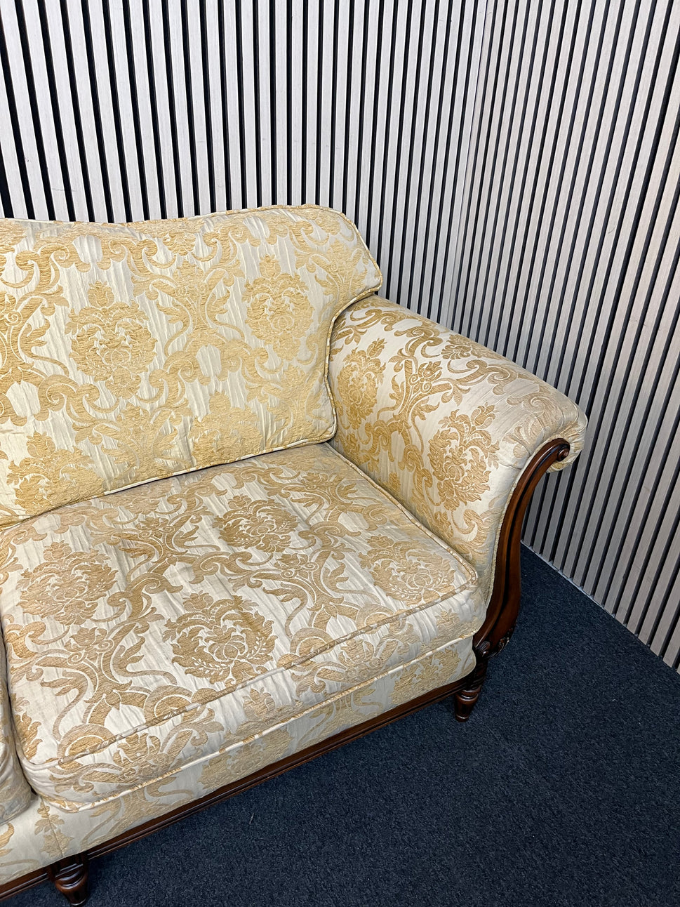 Ornate mahogany framed 2 seater sofa with embossed floral fabric (Width 2 meters) 2425