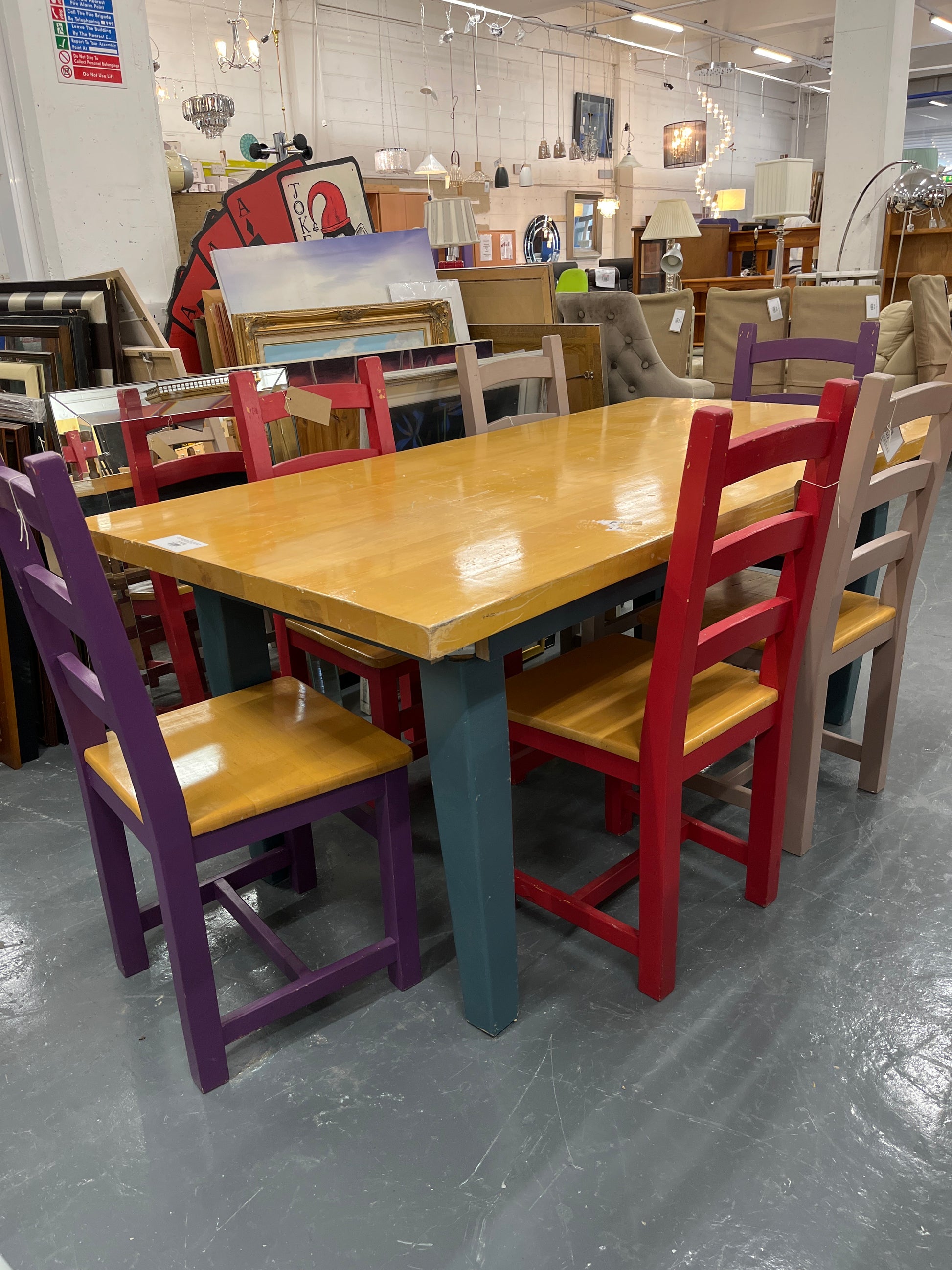 Large beech dining table (L 1830 x W 930 mm)  with blue legs with 6 solid wood dining chairs in various colours (brown, red, purple) 1225