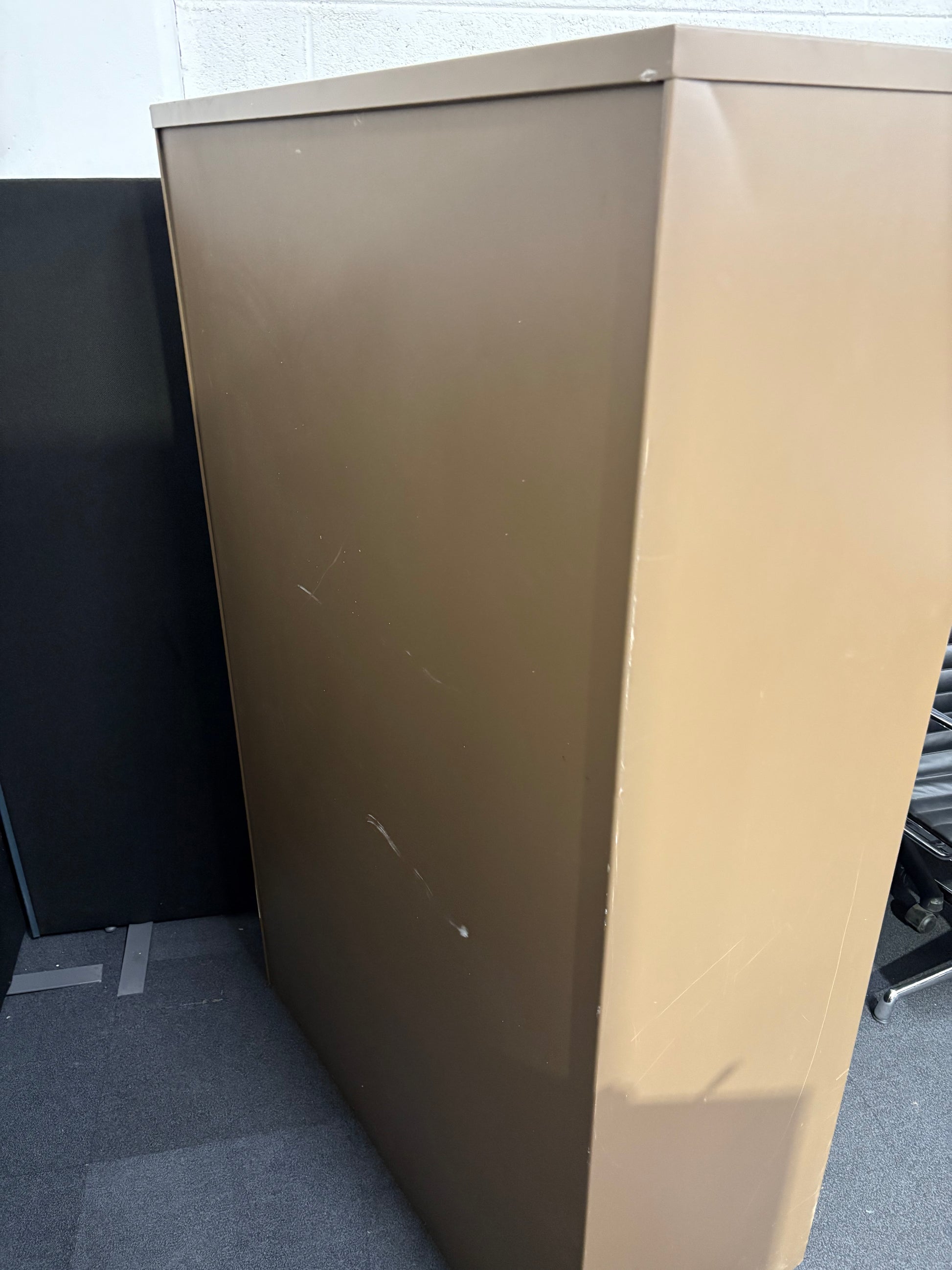 Secondhand Triumph Metrix tall metal storage unit, dark brown colour with shelves 1000Wx470Dx14620H