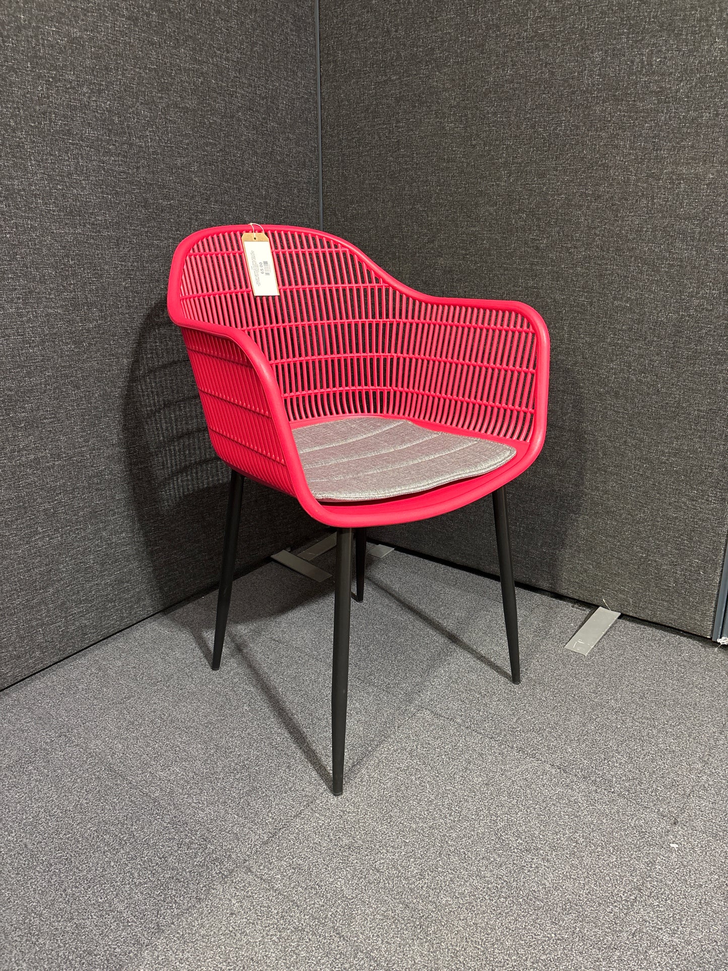 NEW Metro INDOOR OR OUTDOOR dining chair, RASPBERRY RED moulded plastic with tailored fabric seat. OTHER COLOURS AVAILABLE. LARGE QTYS AVAILABLE